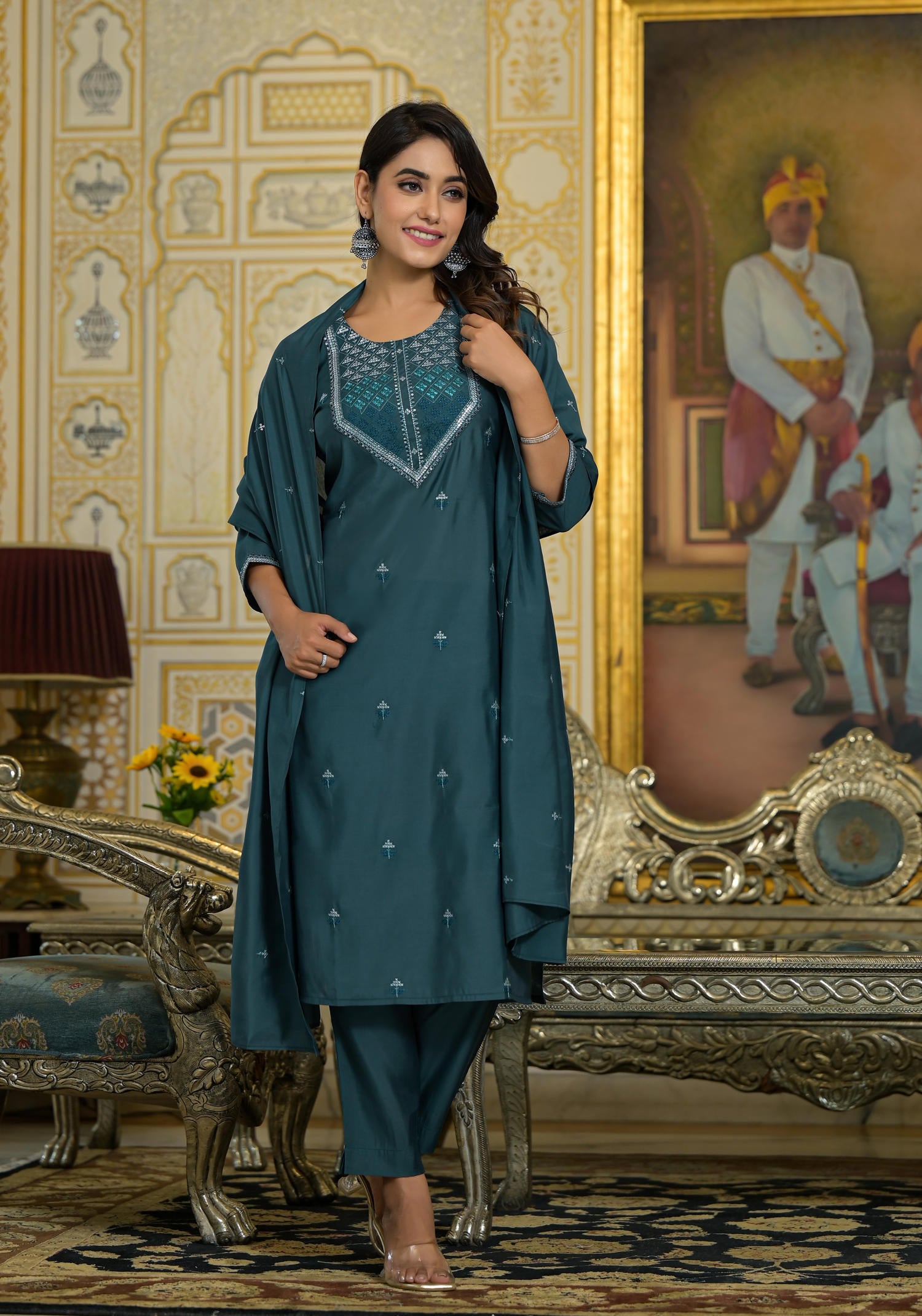 Rama Green Thread Embroidered Viscose Kurta Pant And Dupatta Set With Sequins Work