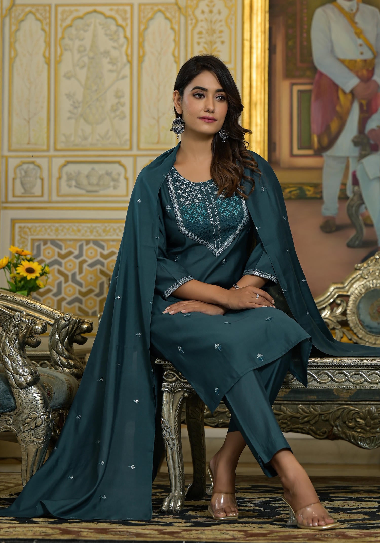 Rama Green Thread Embroidered Viscose Kurta Pant And Dupatta Set With Sequins Work