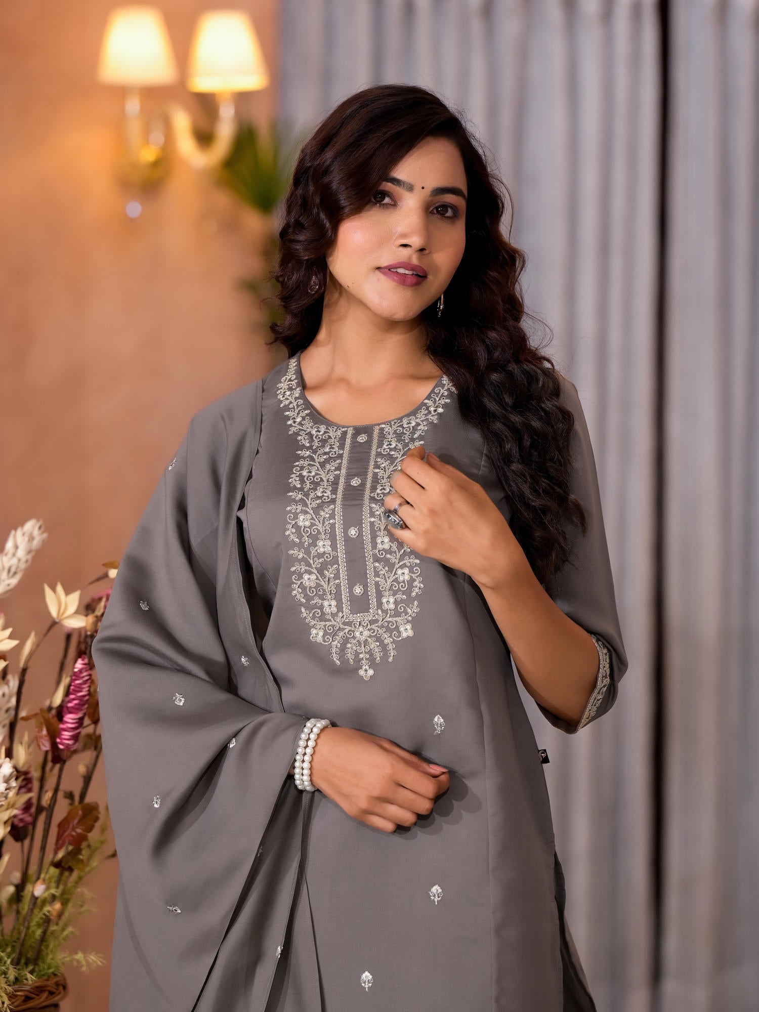 Dark Grey Zari Embroidered Viscose Kurta Pant And Dupatta Set