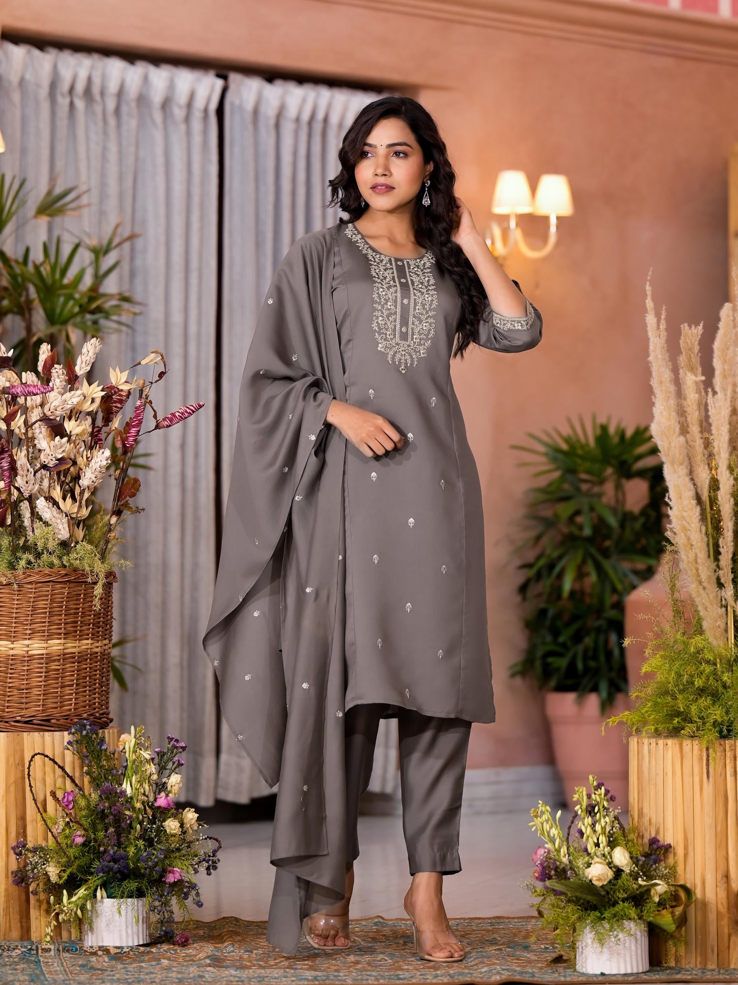 Dark Grey Zari Embroidered Viscose Kurta Pant And Dupatta Set