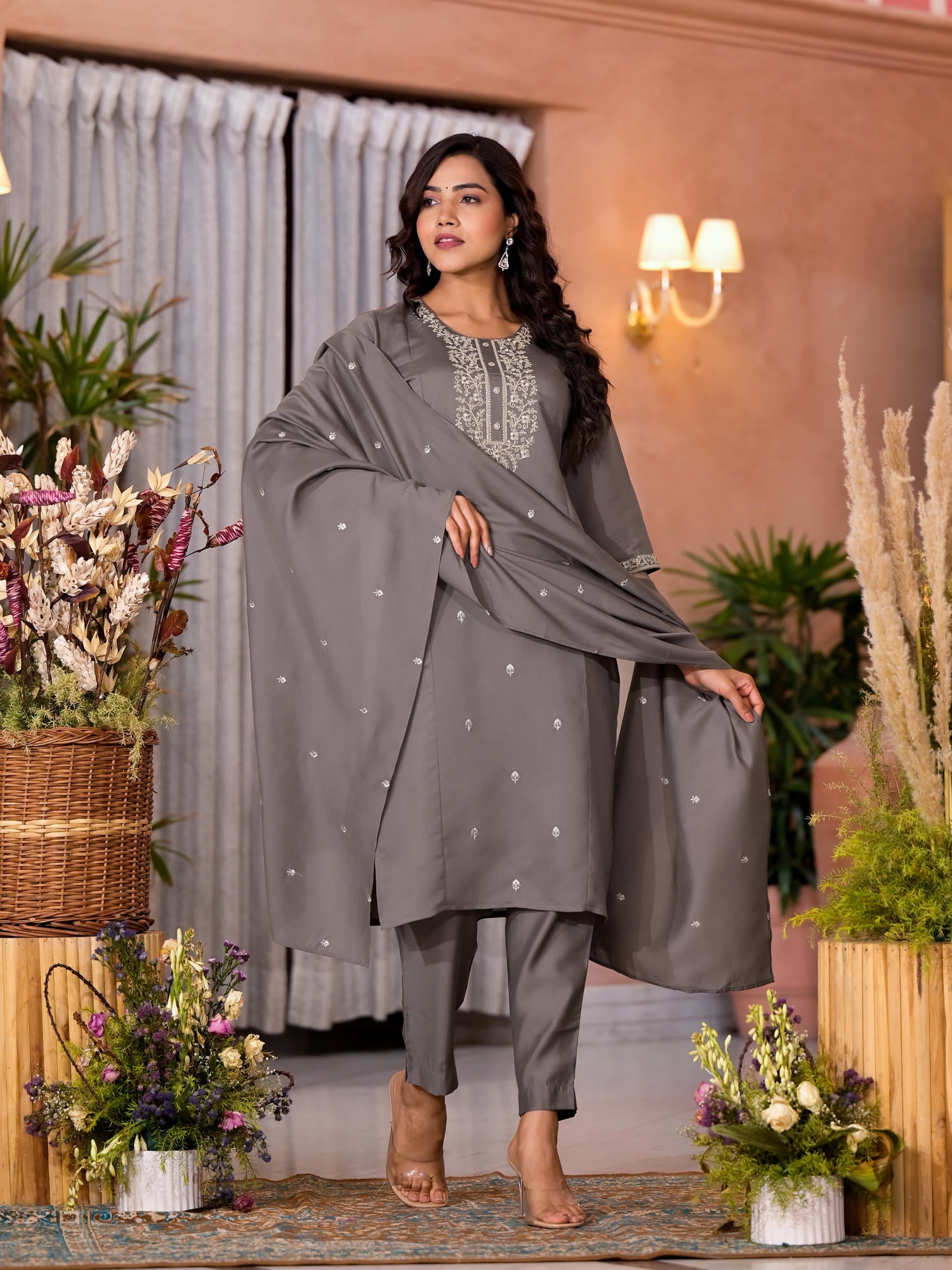 Dark Grey Zari Embroidered Viscose Kurta Pant And Dupatta Set