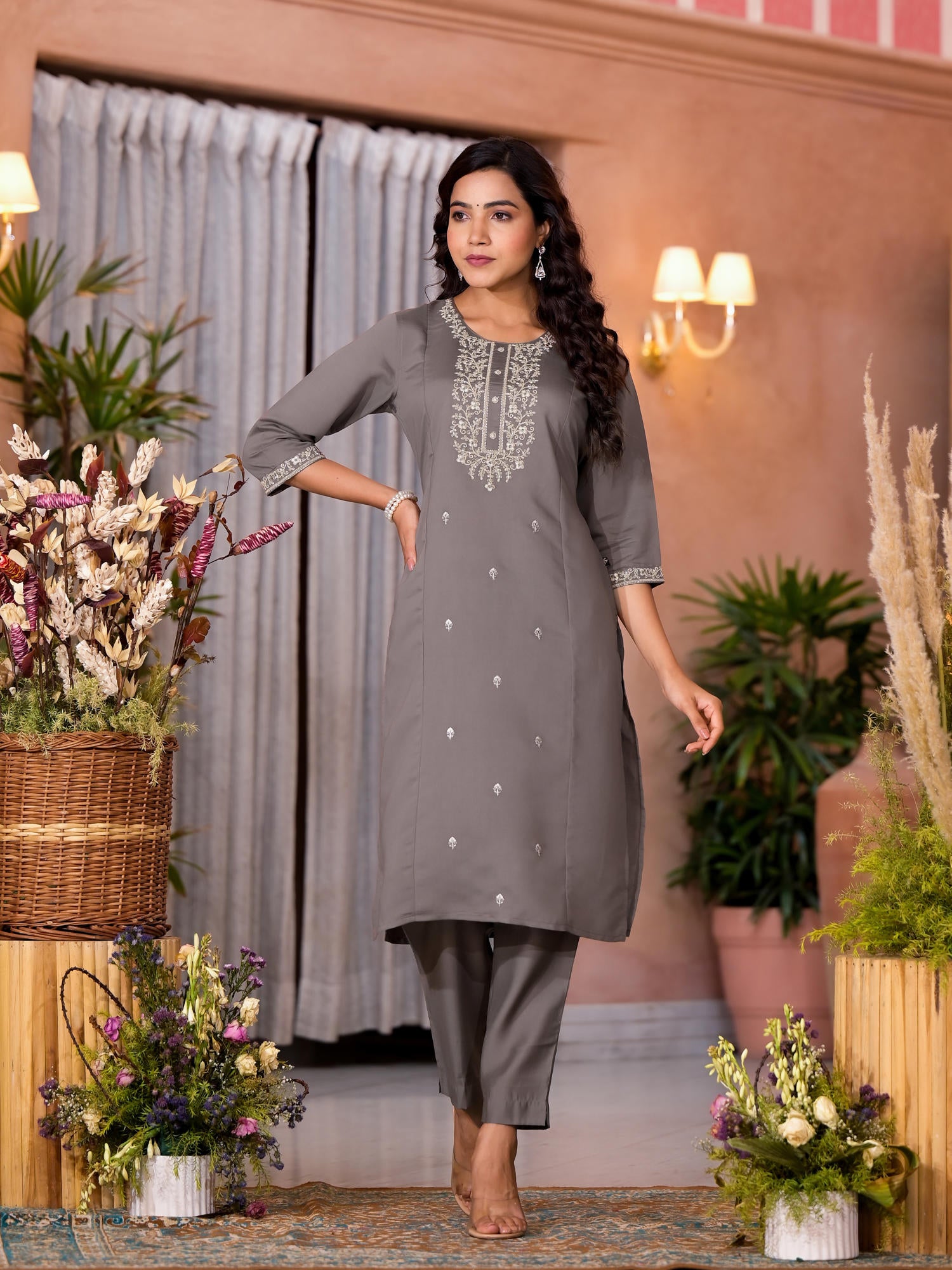 Dark Grey Zari Embroidered Viscose Kurta Pant And Dupatta Set