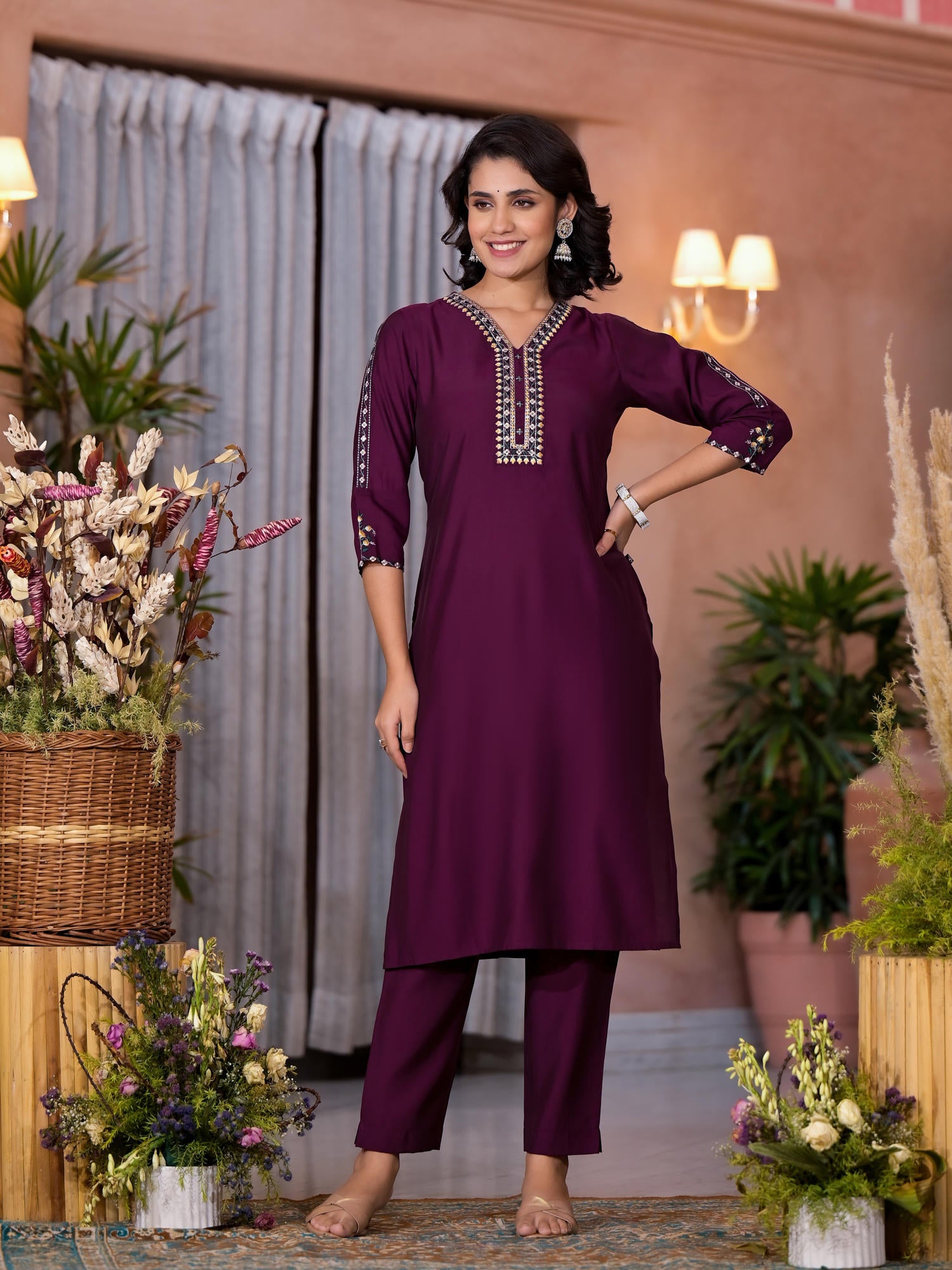 Wine Thread Embroidered Viscose Kurta Pant And Dupatta Set With Sequins Work & Zari Work