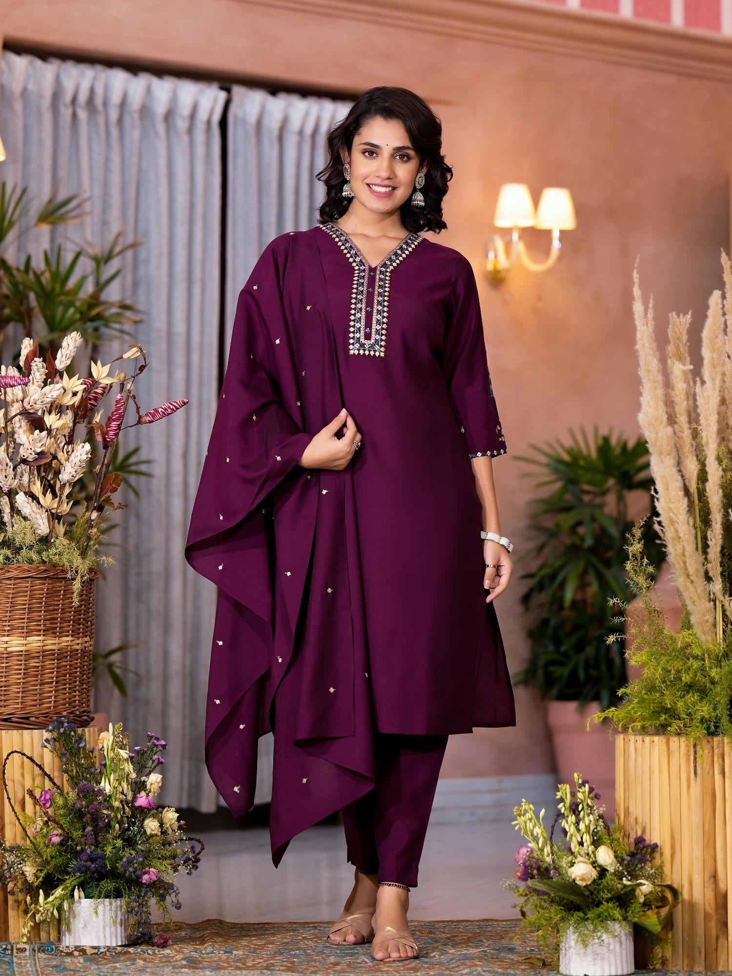 Wine Thread Embroidered Viscose Kurta Pant And Dupatta Set With Sequins Work & Zari Work