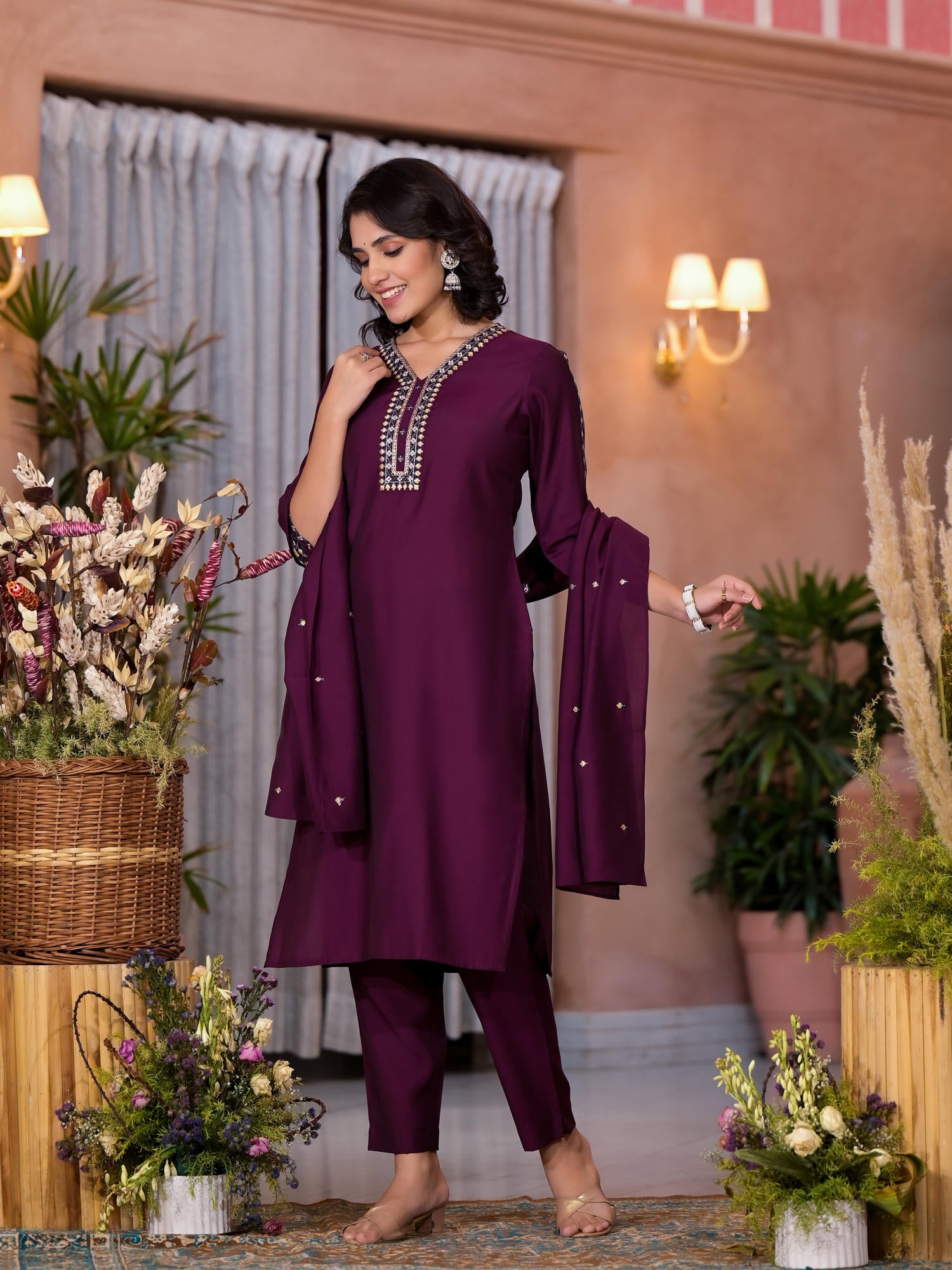 Wine Thread Embroidered Viscose Kurta Pant And Dupatta Set With Sequins Work & Zari Work