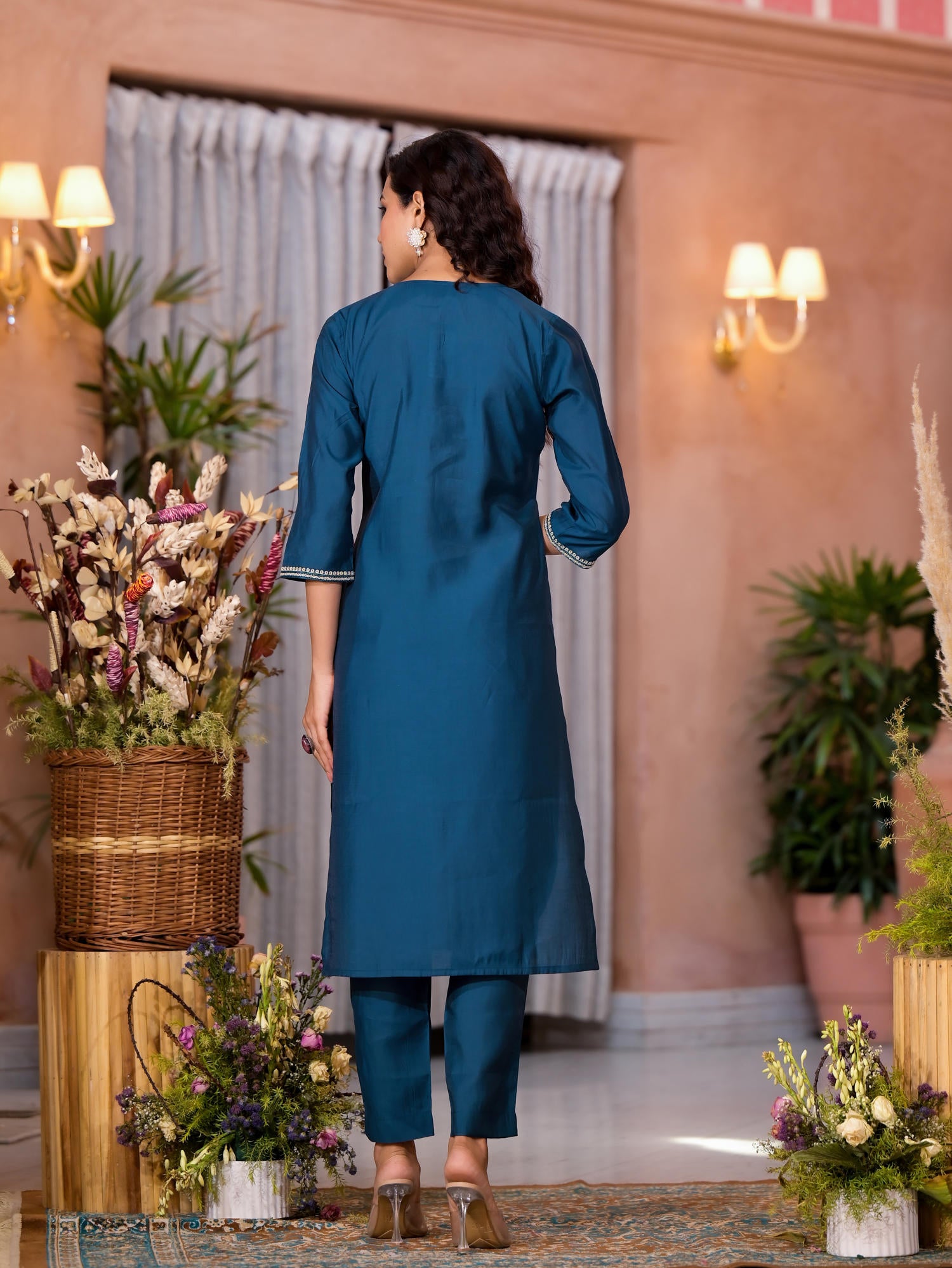 Teal Thread Work Embroidered Viscose Kurta Pant And Dupatta Set With Buttons Work