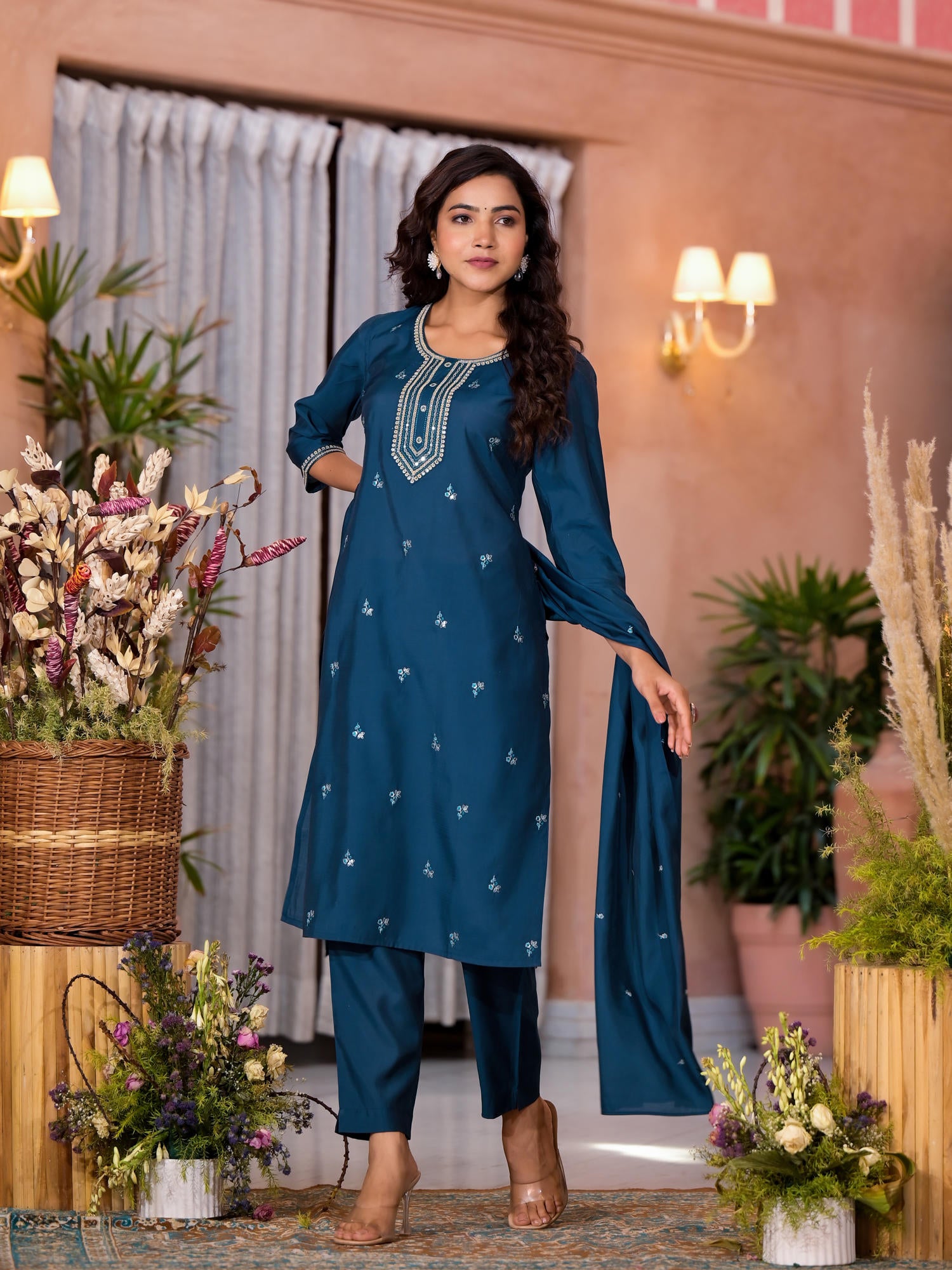 Teal Thread Work Embroidered Viscose Kurta Pant And Dupatta Set With Buttons Work