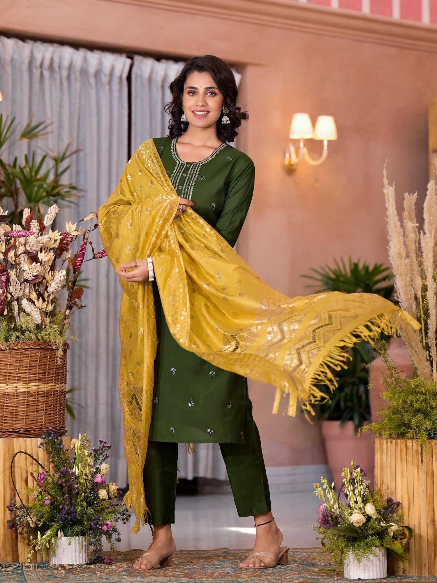 Green Zari Embroidered Viscose Kurta Pant And Dupatta Set With Tassels On Dupatta