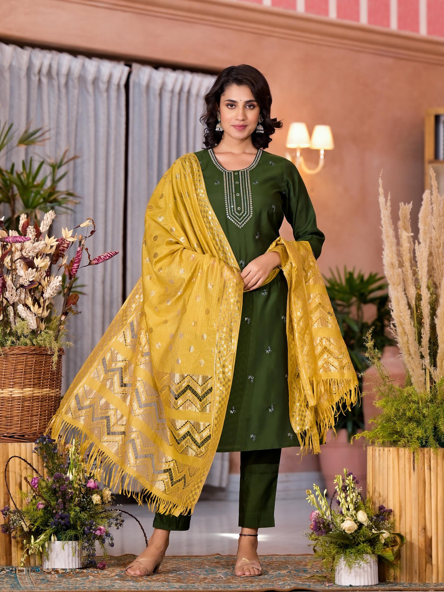 Green Zari Embroidered Viscose Kurta Pant And Dupatta Set With Tassels On Dupatta