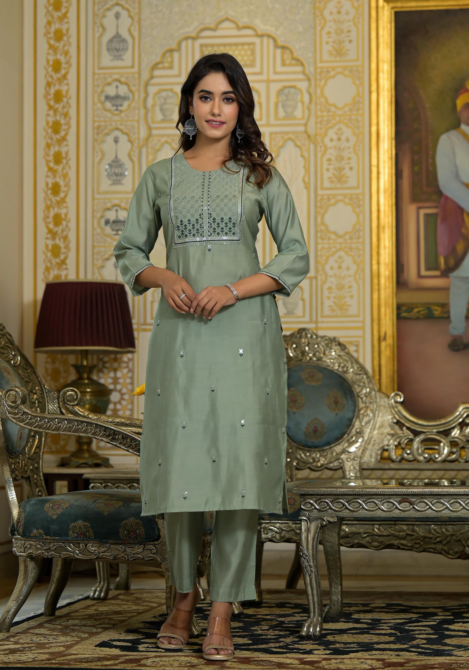 Mint Viscose Zari & Thread Embroidered Kurta Pant And Dupatta Set With Sequins