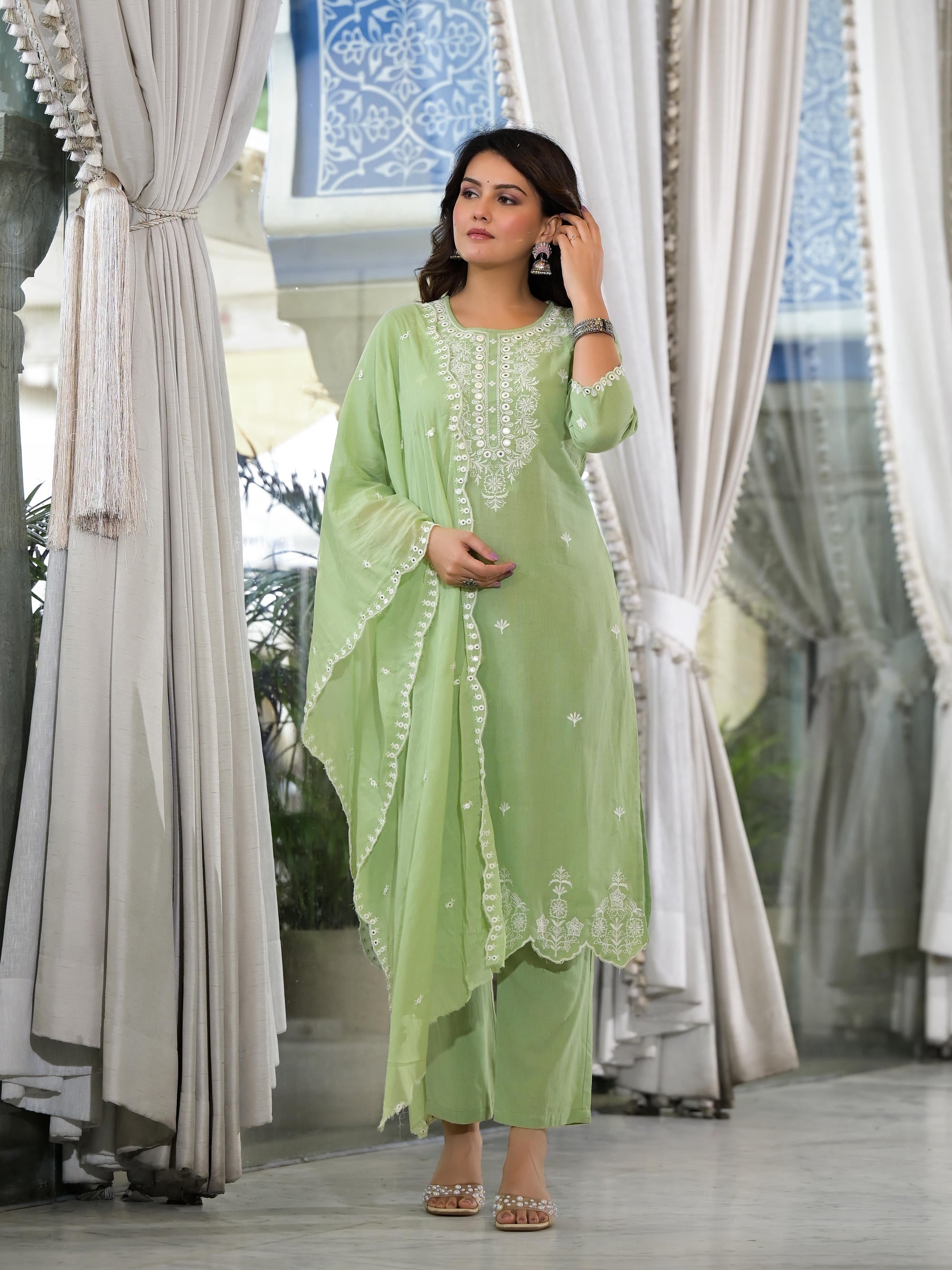Pista Green Cotton Kurta Set With Mirror & thread Work