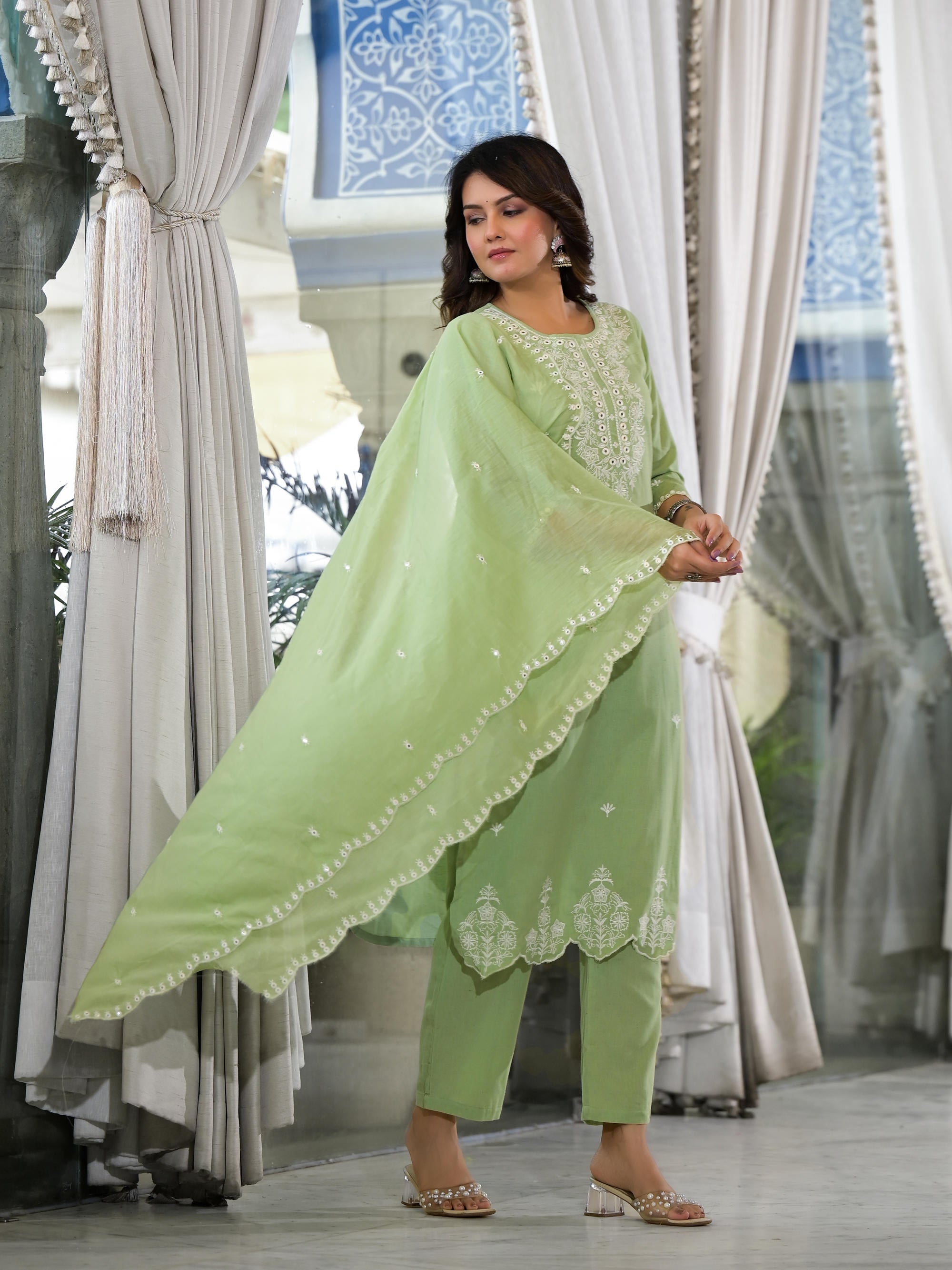 Pista Green Cotton Kurta Set With Mirror & thread Work