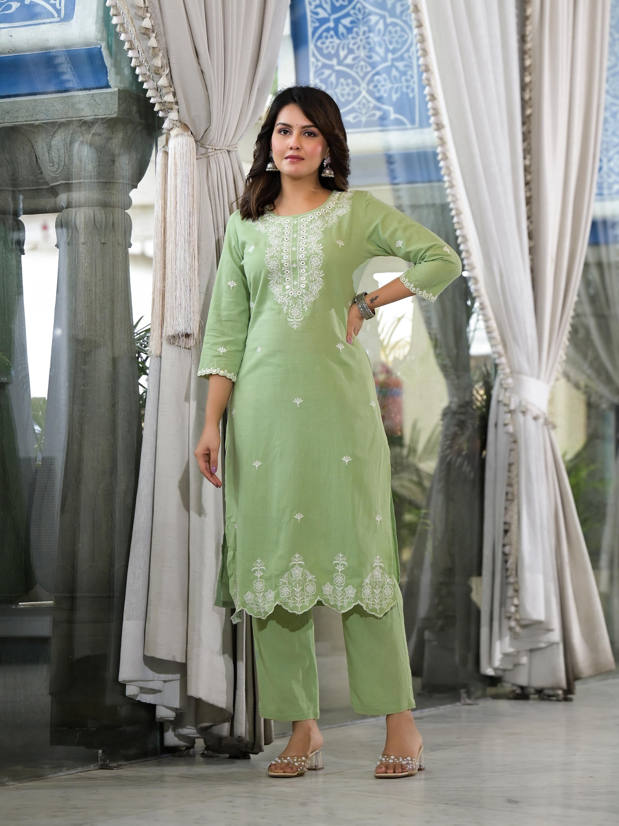Pista Green Cotton Kurta Set With Mirror & thread Work