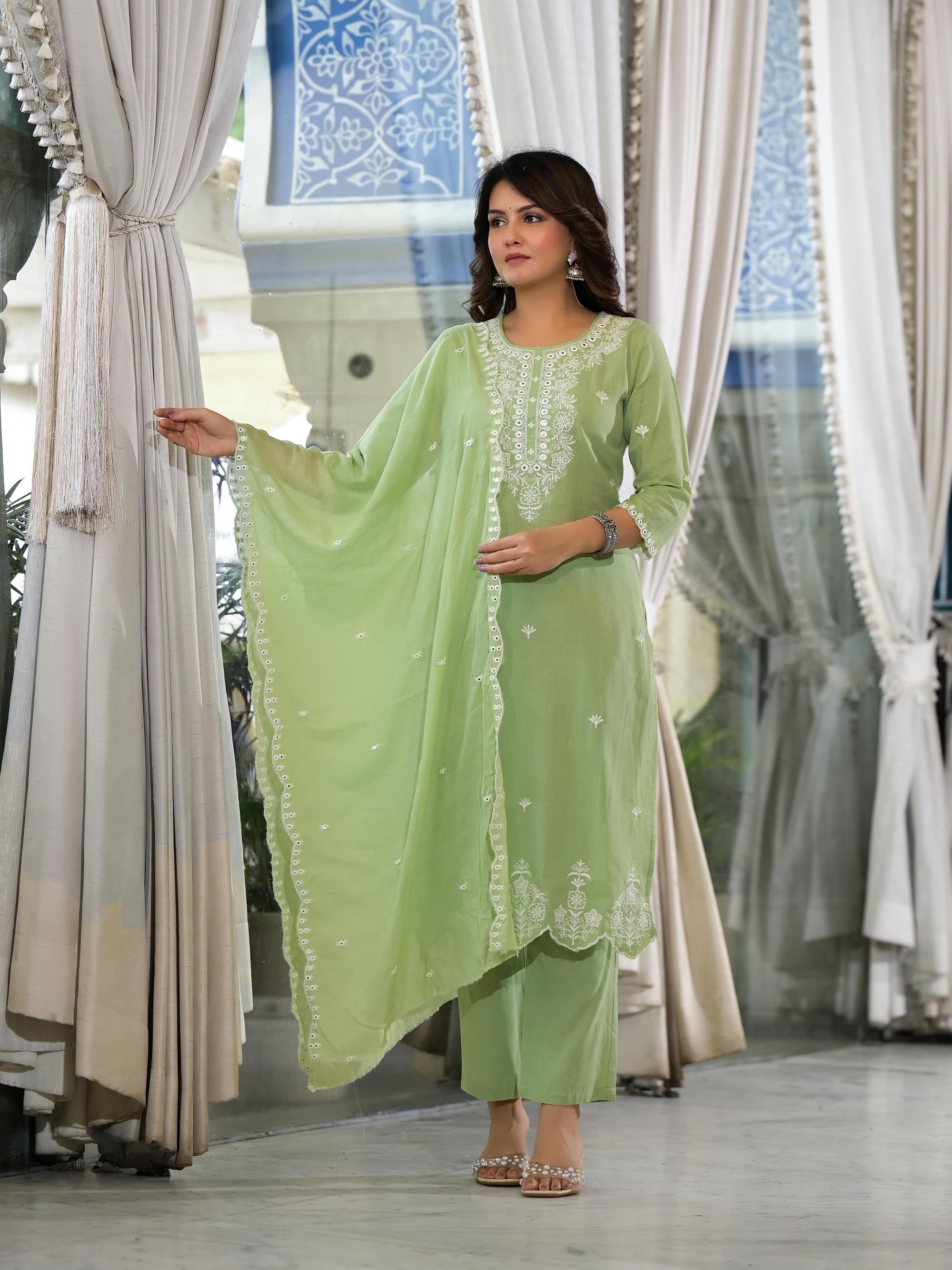 Pista Green Cotton Kurta Set With Mirror & thread Work