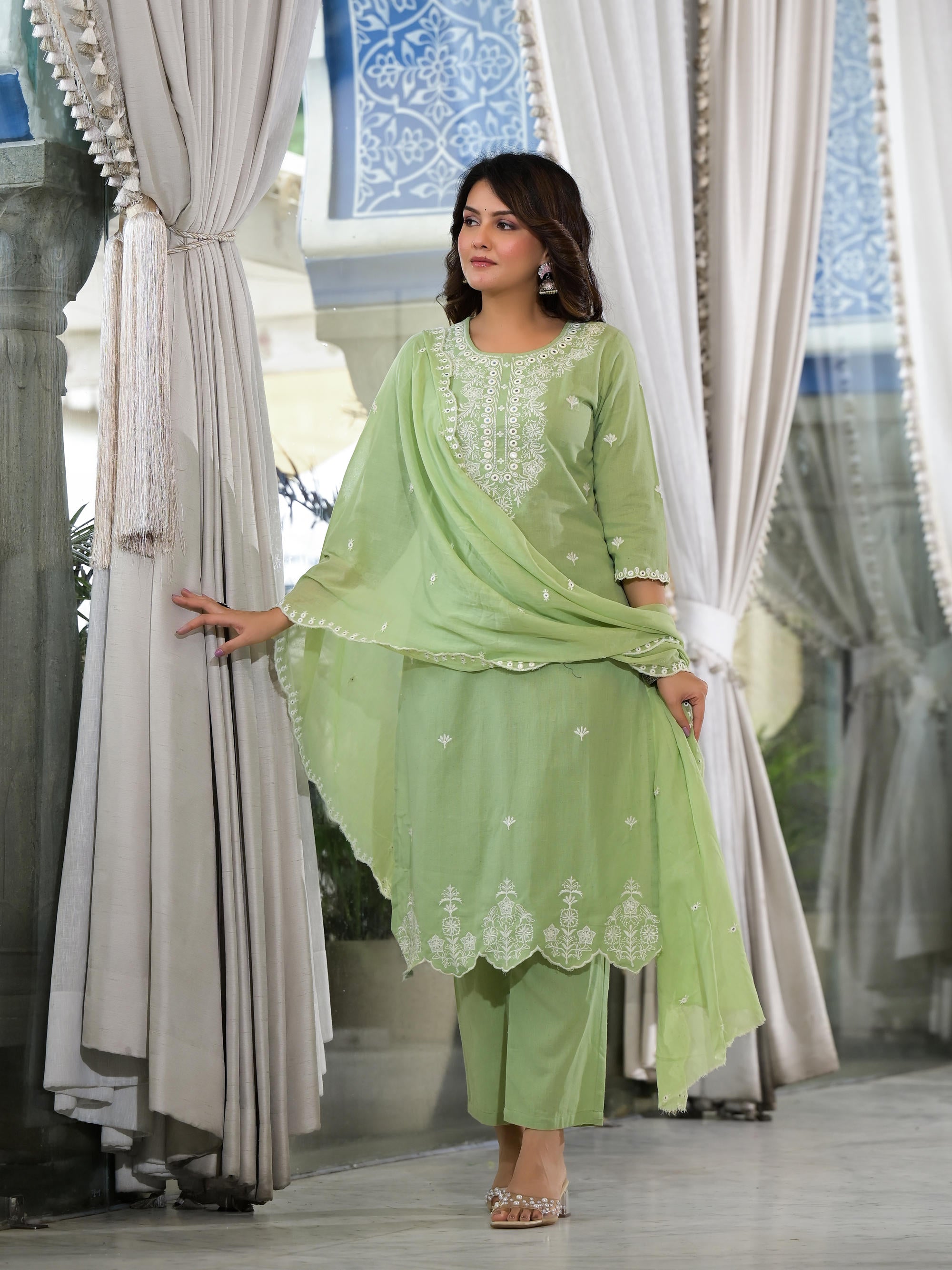 Pista Green Cotton Kurta Set With Mirror & thread Work