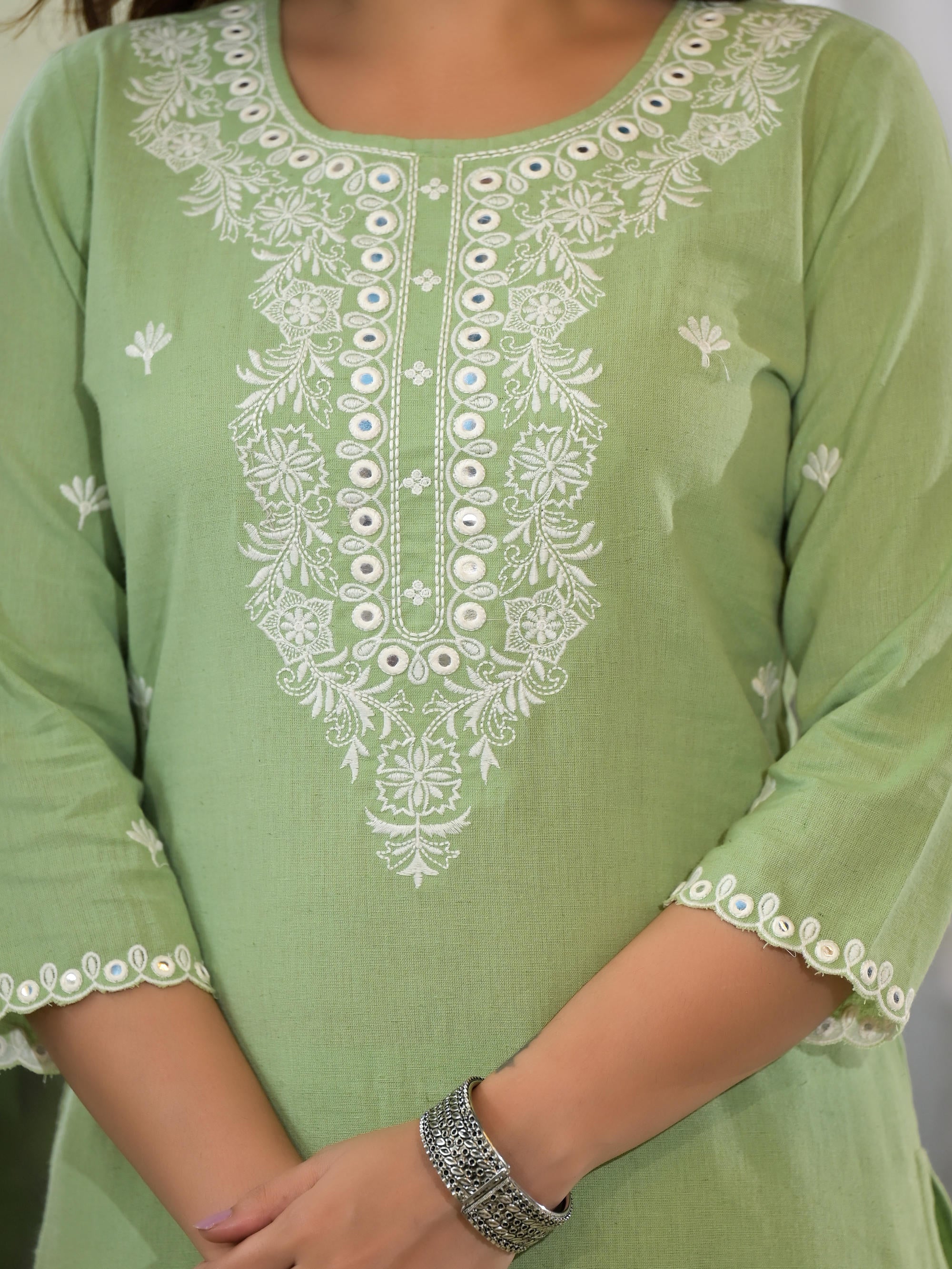 Pista Green Cotton Kurta Set With Mirror & thread Work
