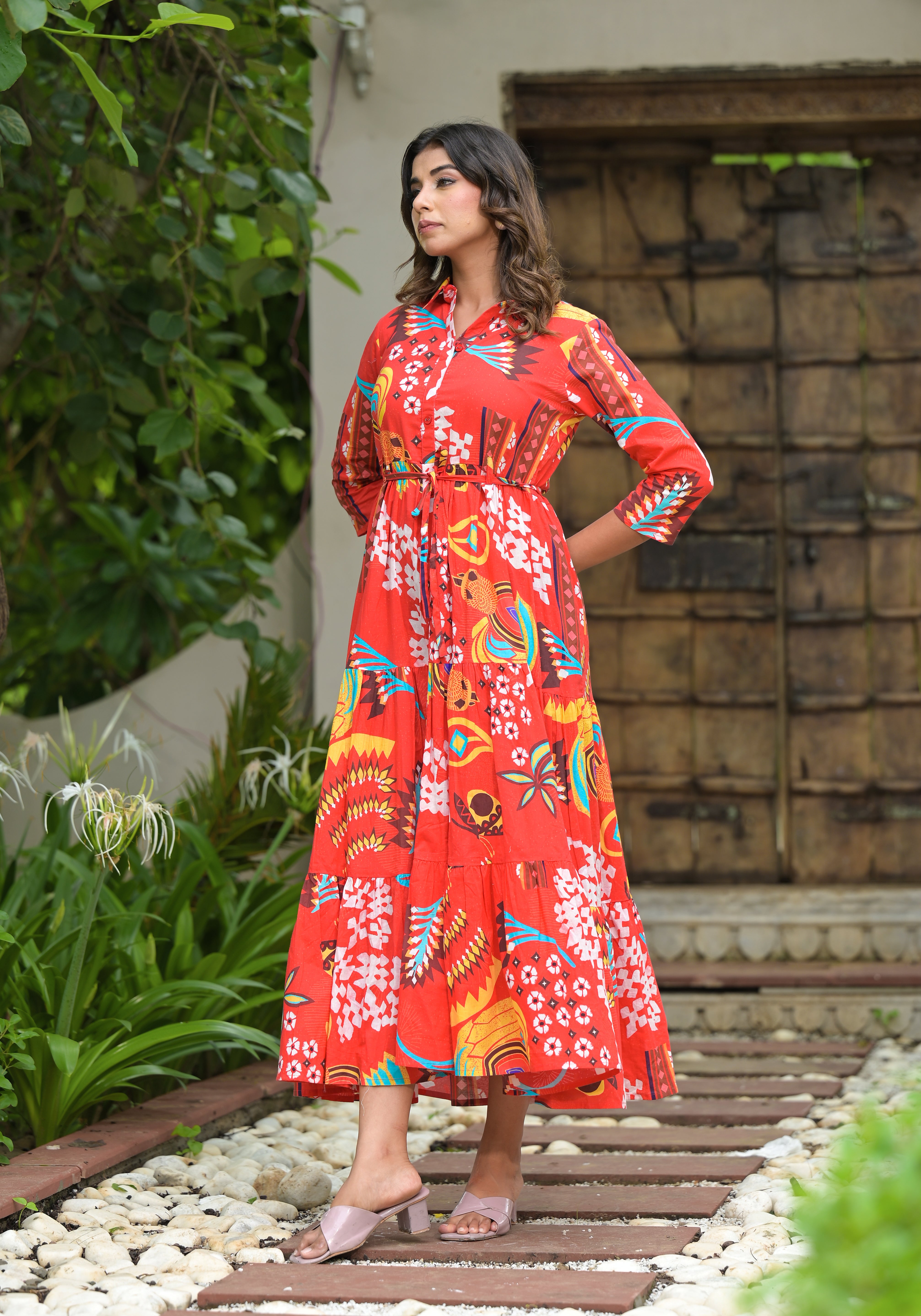 Juniper Red Geometric Printed Cambric Dress With Buttons & Doris On Waist