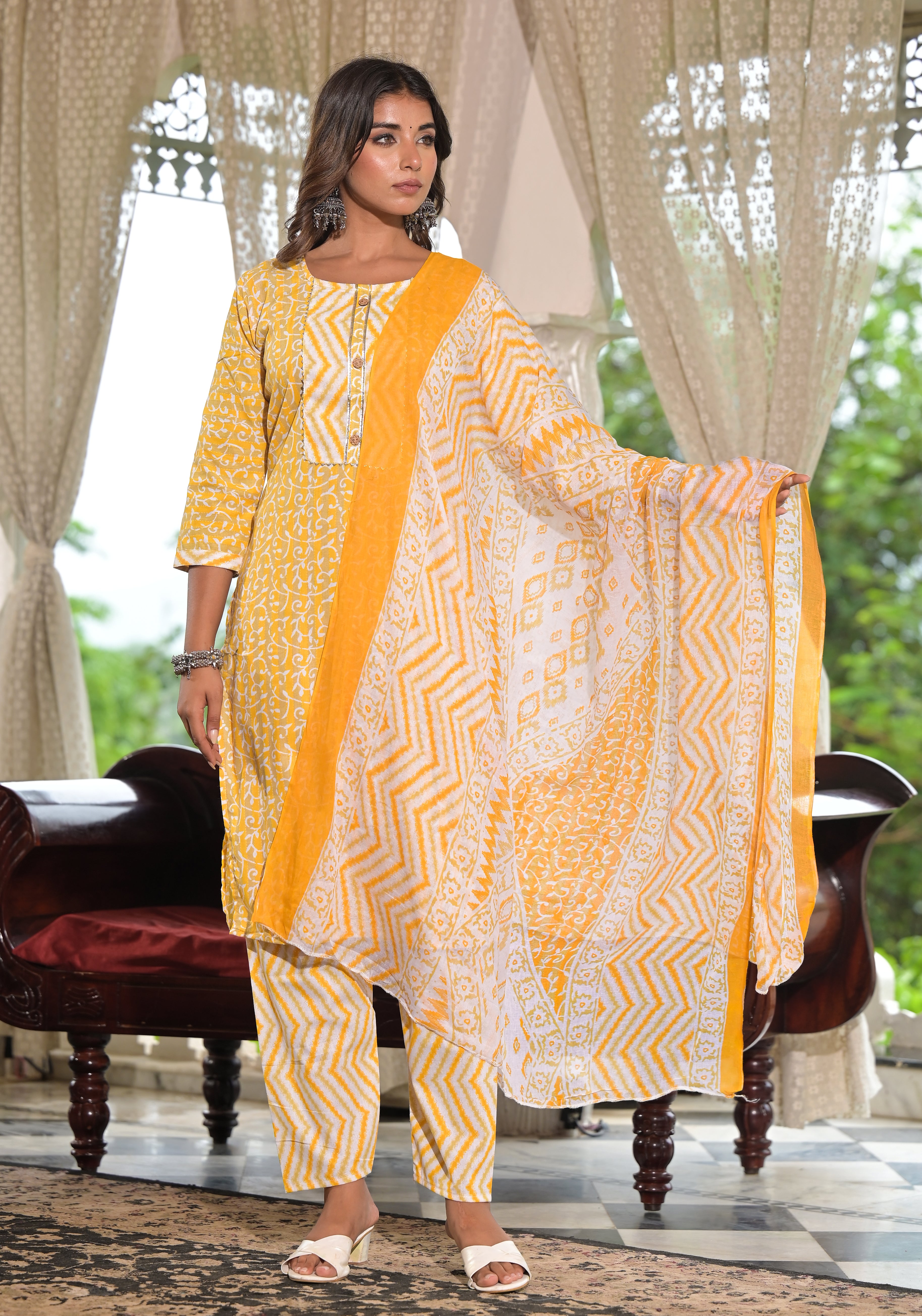 Juniper Mustard Ethnic Motif Printed Cotton Kurta, Pant And Dupatta Set With Lace & Buttons