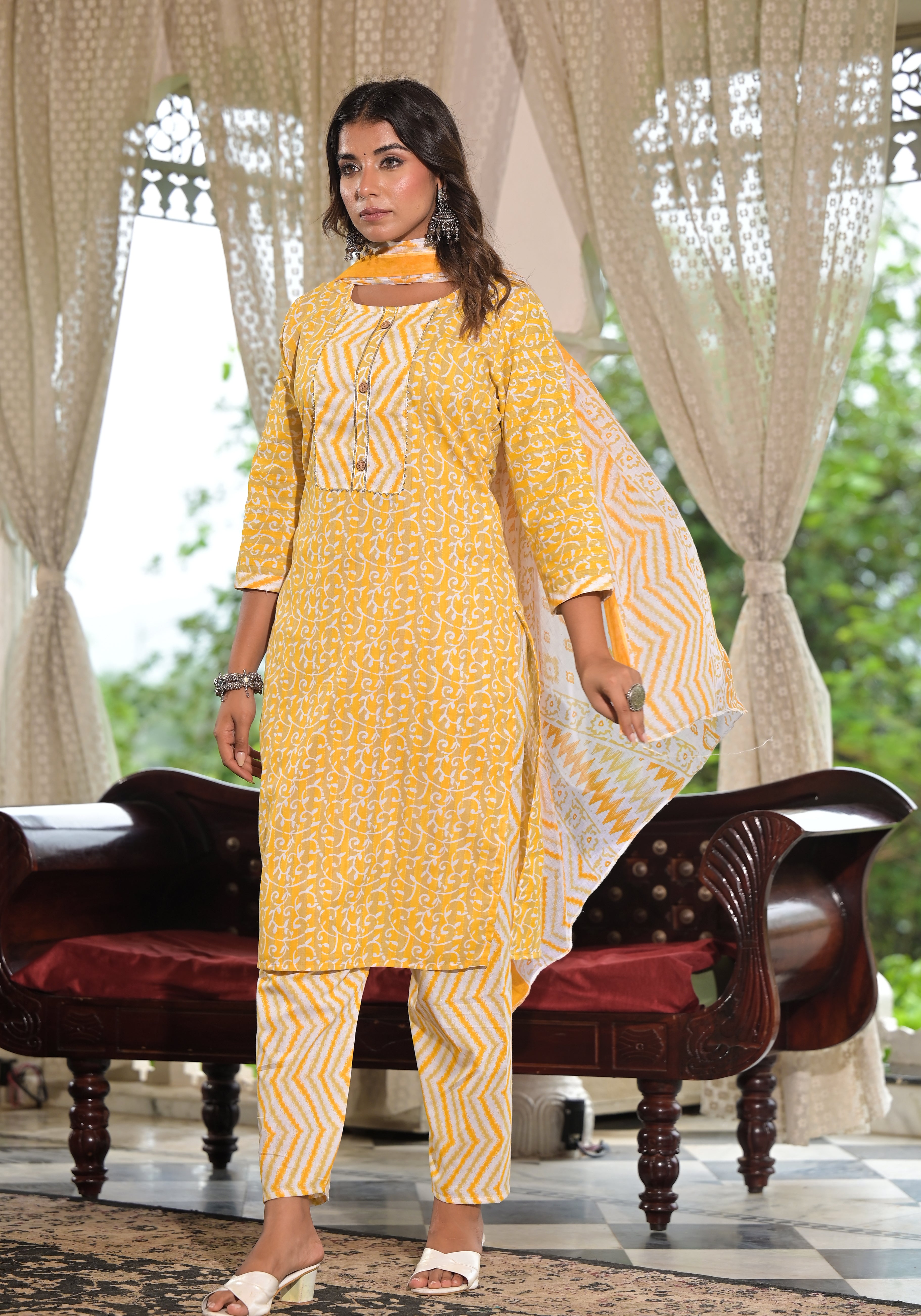 Juniper Mustard Ethnic Motif Printed Cotton Kurta, Pant And Dupatta Set With Lace & Buttons