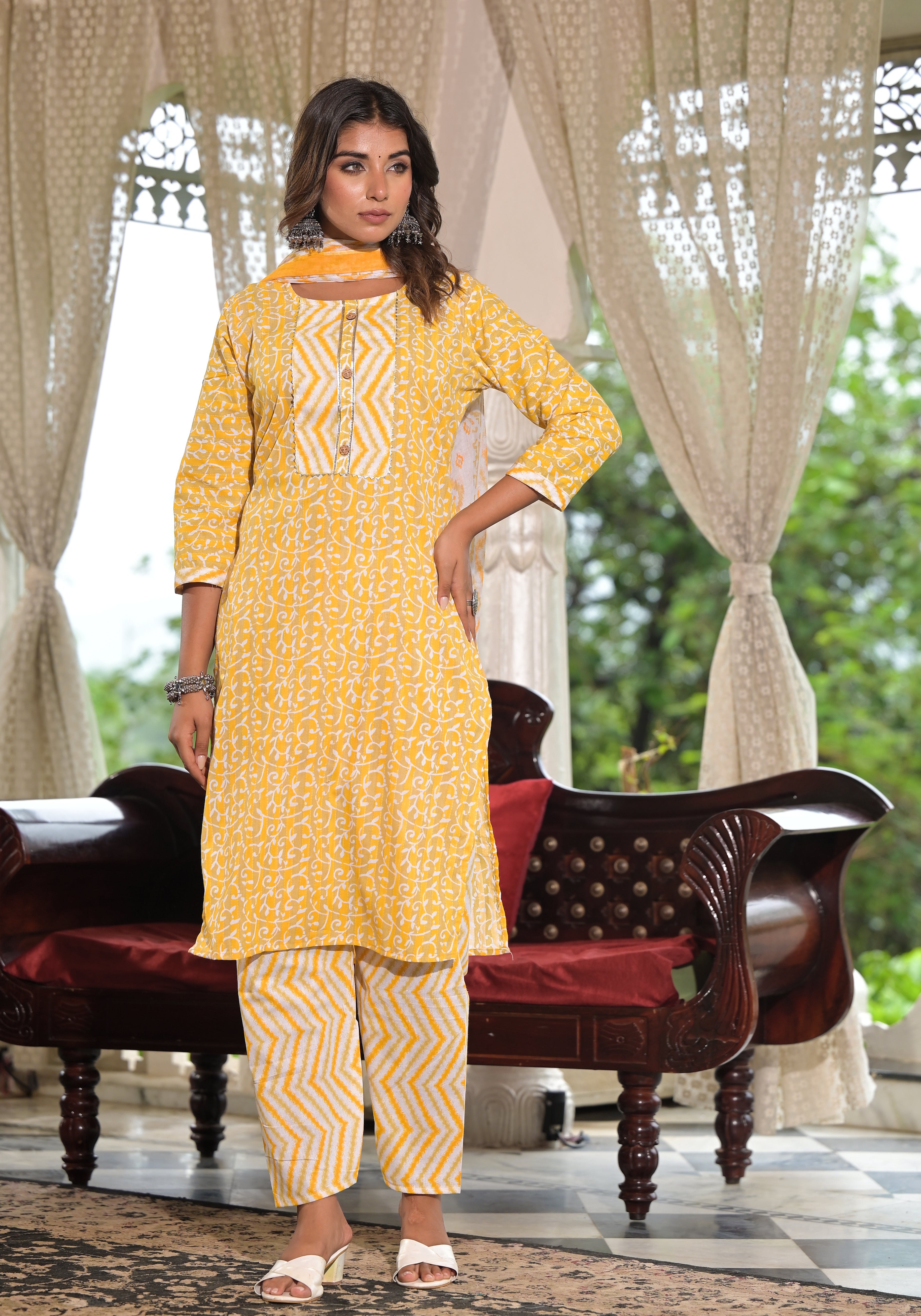 Juniper Mustard Ethnic Motif Printed Cotton Kurta, Pant And Dupatta Set With Lace & Buttons