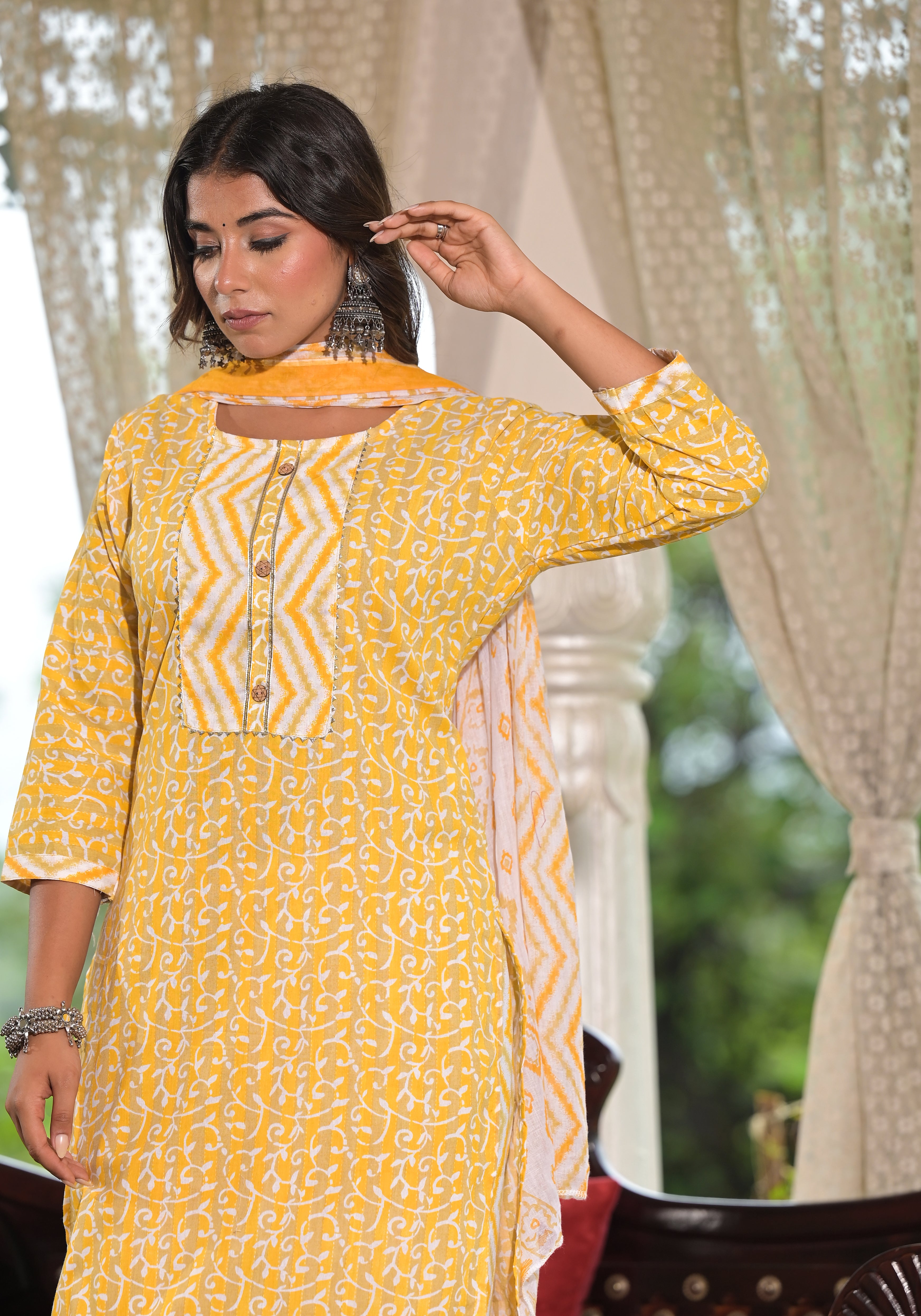 Juniper Mustard Ethnic Motif Printed Cotton Kurta, Pant And Dupatta Set With Lace & Buttons