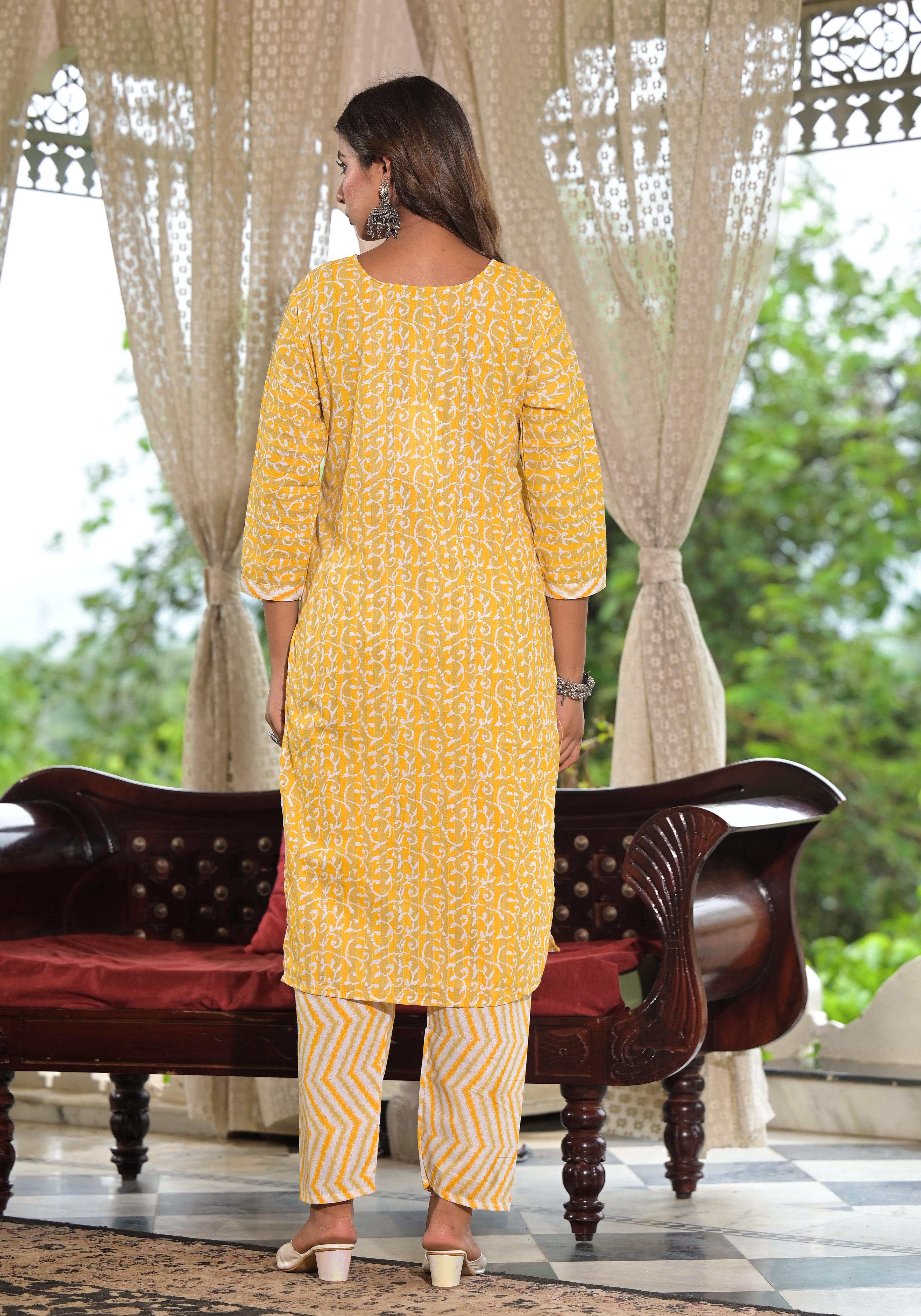 Juniper Mustard Ethnic Motif Printed Cotton Kurta, Pant And Dupatta Set With Lace & Buttons