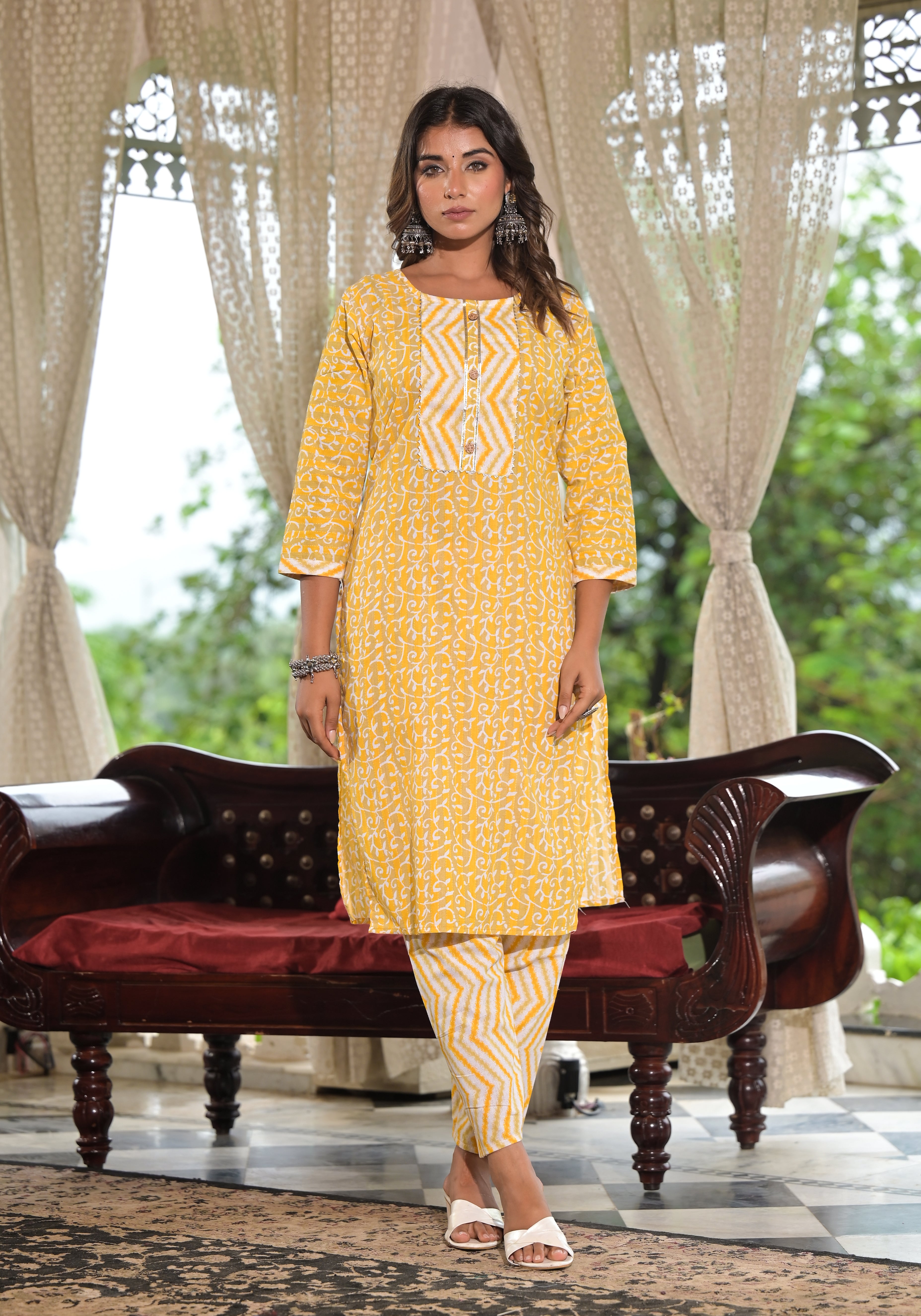 Juniper Mustard Ethnic Motif Printed Cotton Kurta, Pant And Dupatta Set With Lace & Buttons