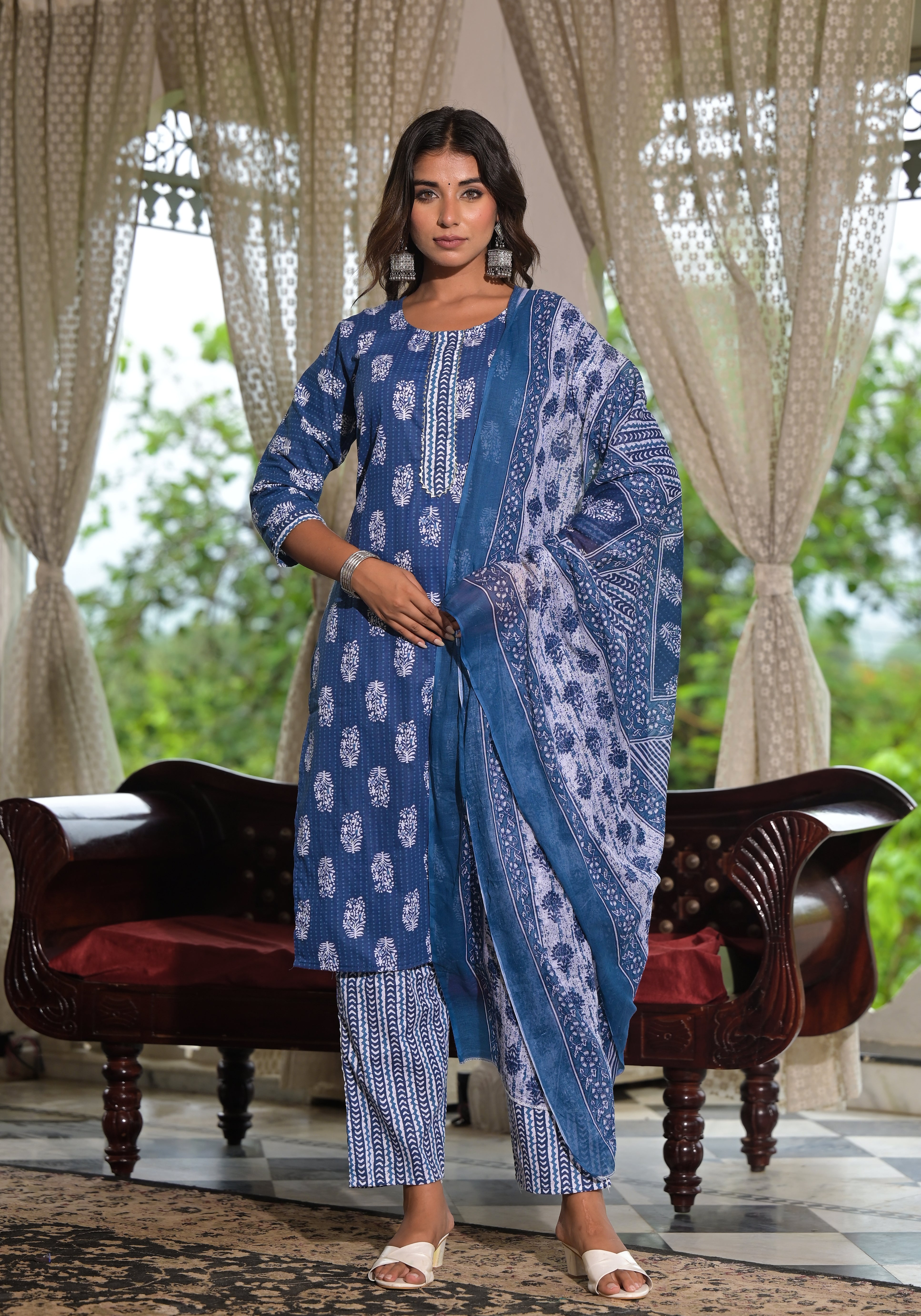 Juniper Navy Ethnic Motif Printed Cotton Kurta, Pant And Dupatta Set With Lace