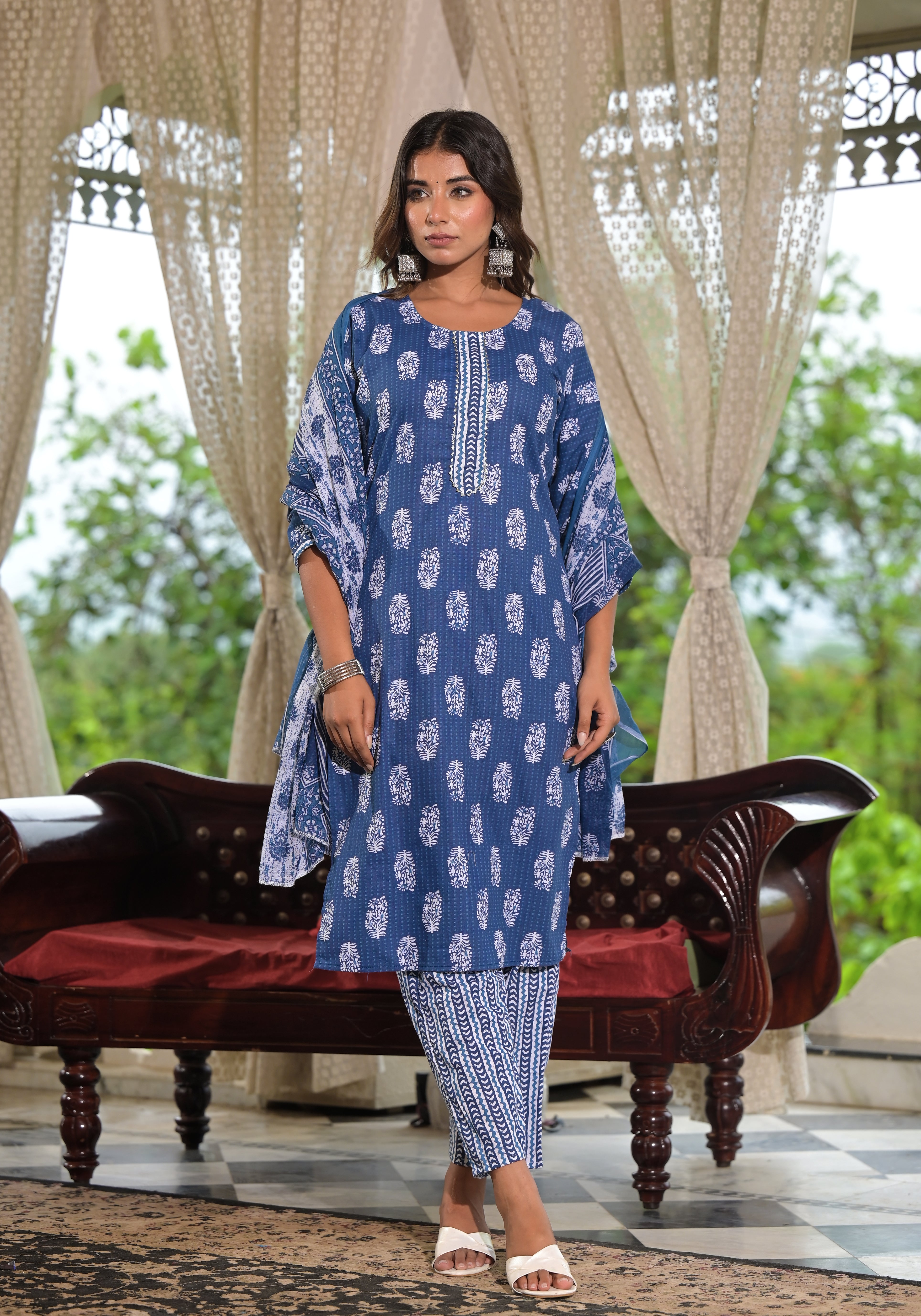 Juniper Navy Ethnic Motif Printed Cotton Kurta, Pant And Dupatta Set With Lace