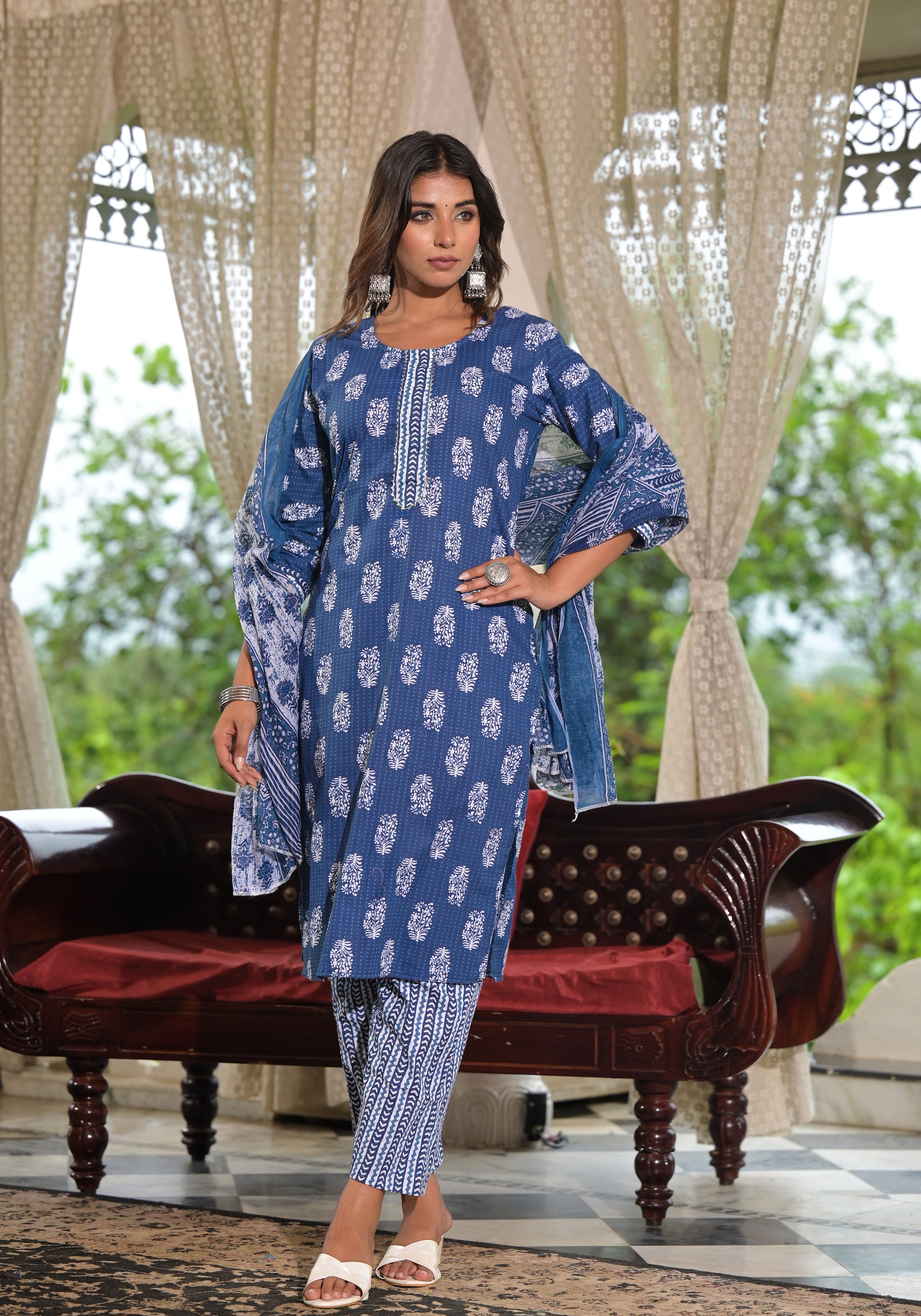 Juniper Navy Ethnic Motif Printed Cotton Kurta, Pant And Dupatta Set With Lace