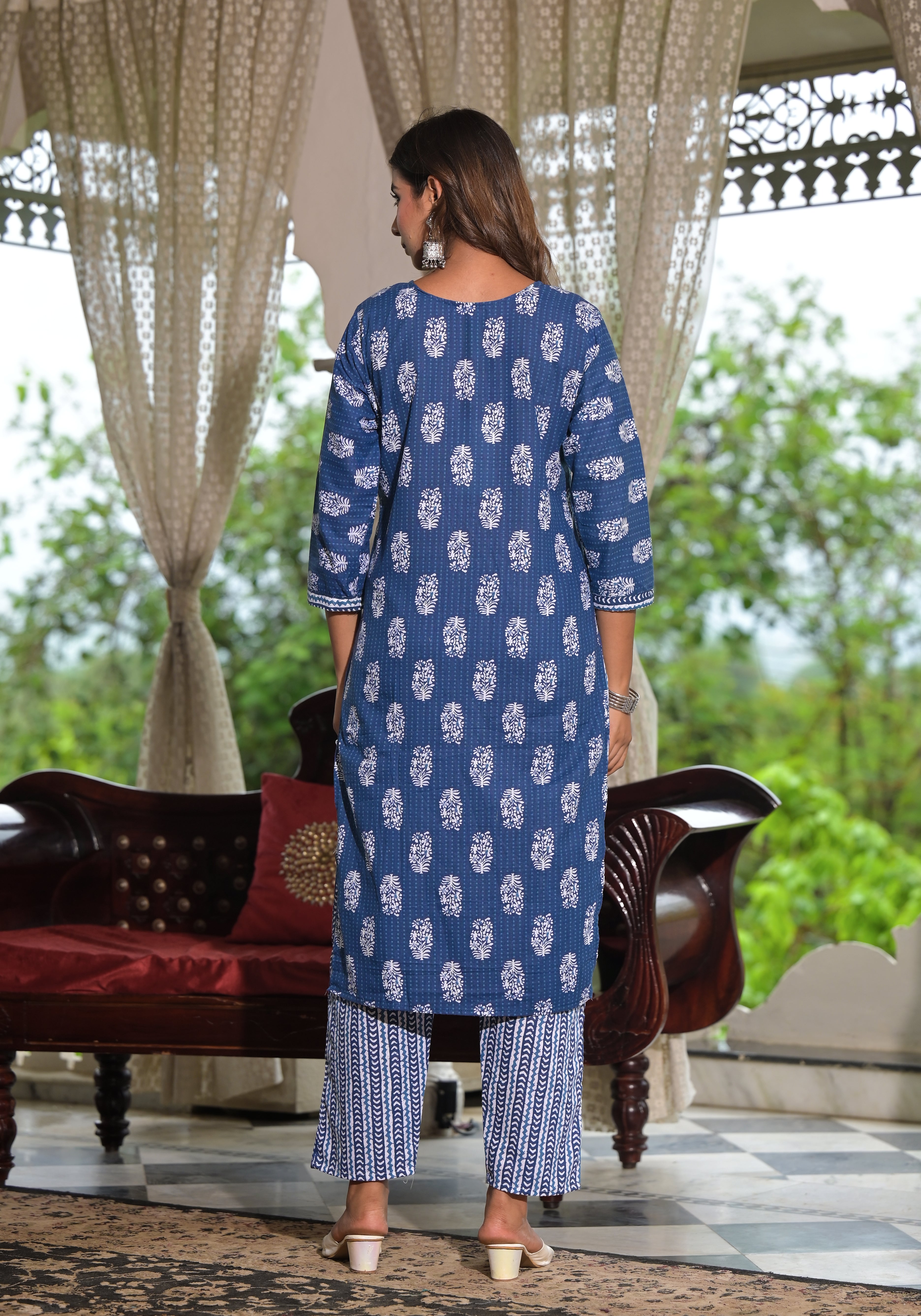 Juniper Navy Ethnic Motif Printed Cotton Kurta, Pant And Dupatta Set With Lace