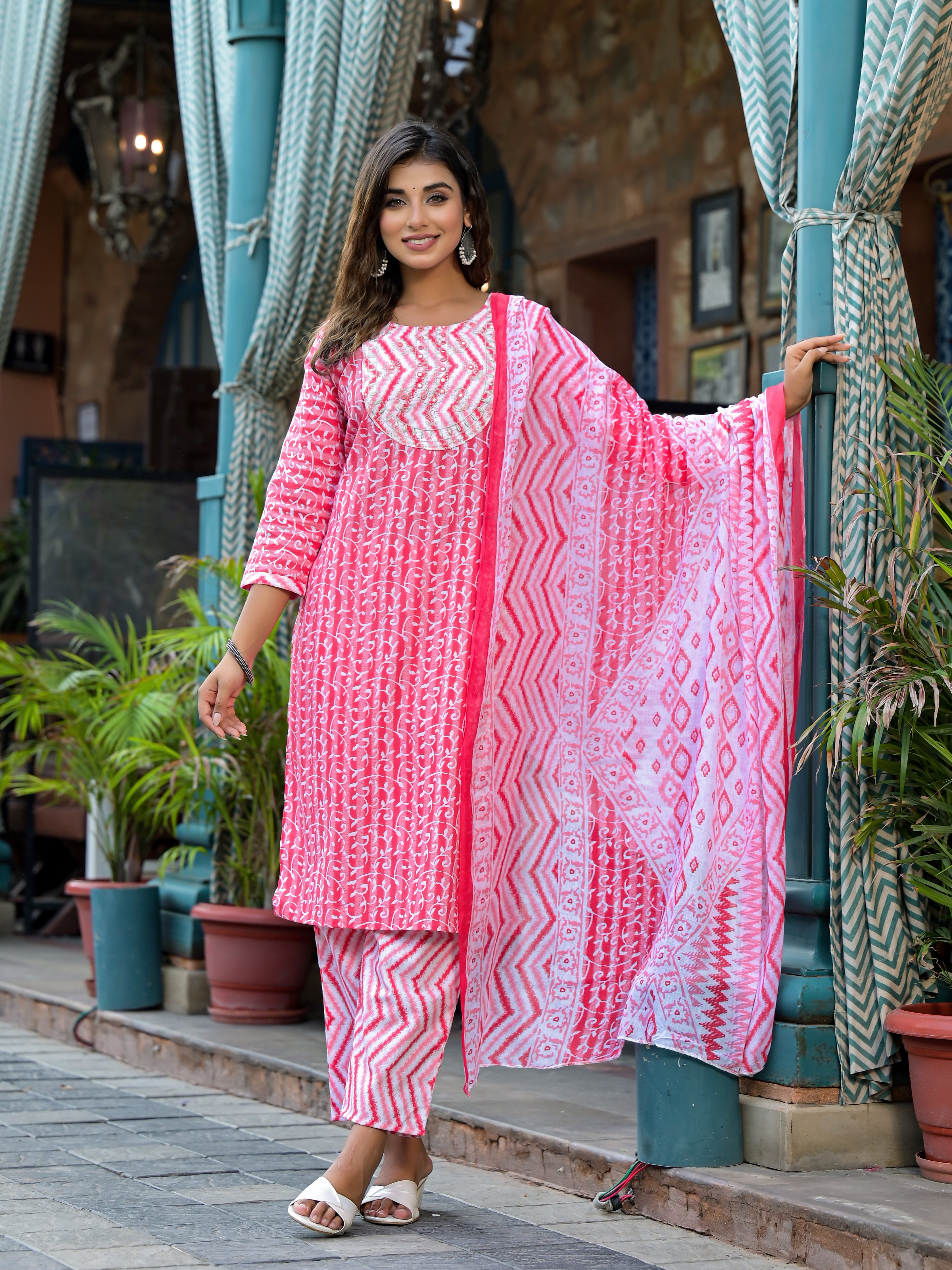 Juniper Pink Ethnic Motif Printed Cotton Kurta, Pant And Dupatta Set With Mirror & Thread Work