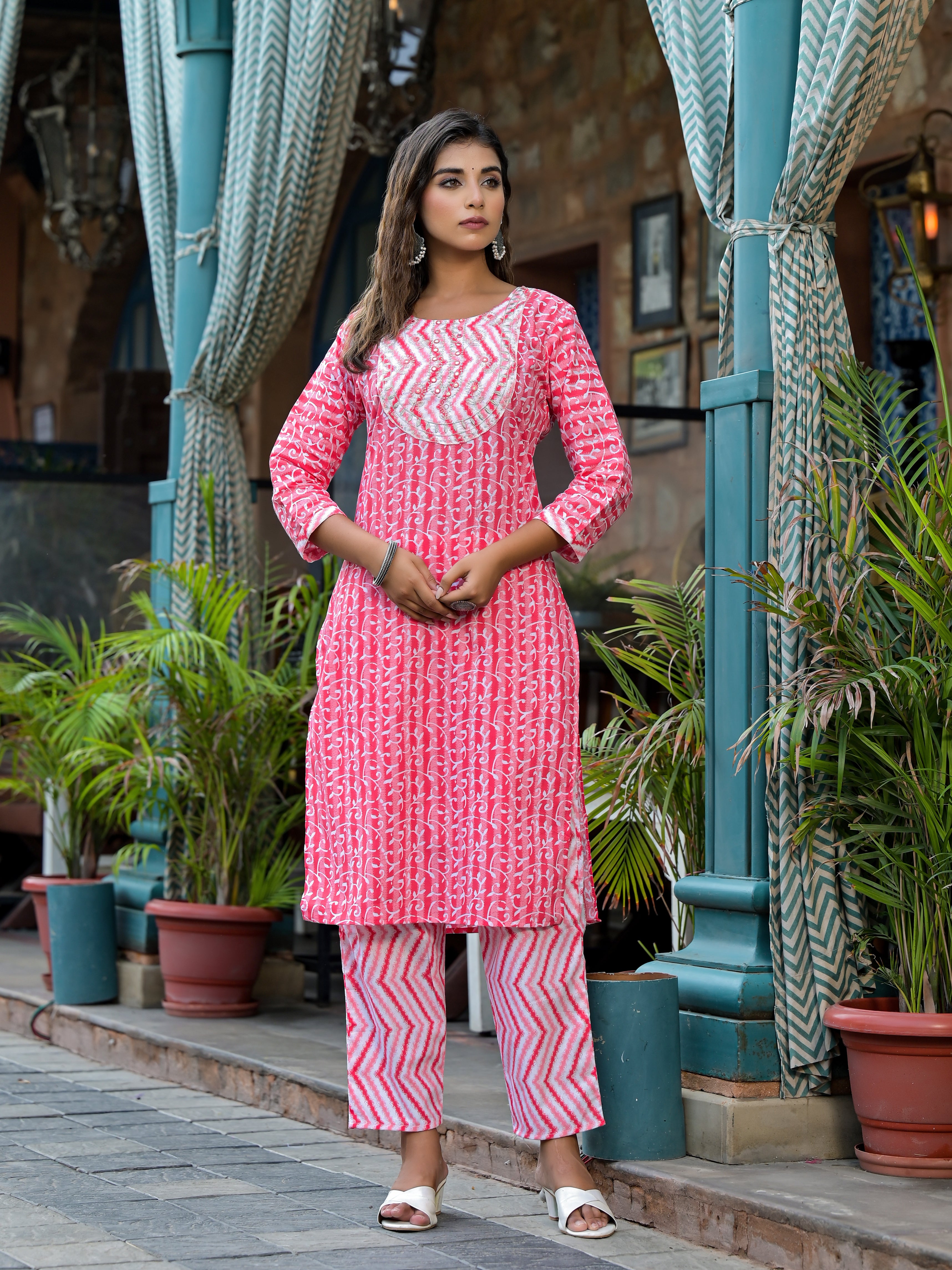 Juniper Pink Ethnic Motif Printed Cotton Kurta, Pant And Dupatta Set With Mirror & Thread Work