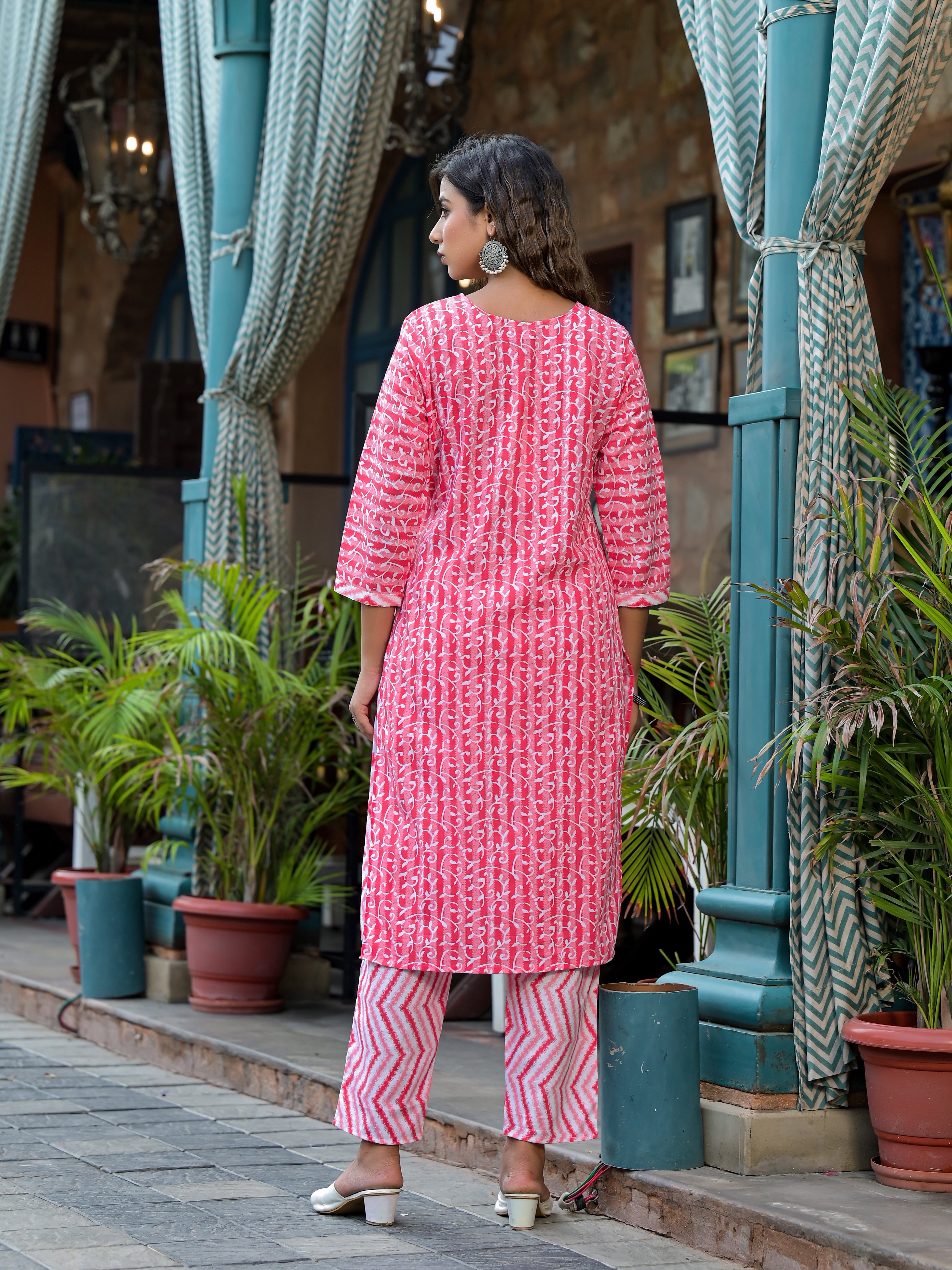 Juniper Pink Ethnic Motif Printed Cotton Kurta, Pant And Dupatta Set With Mirror & Thread Work