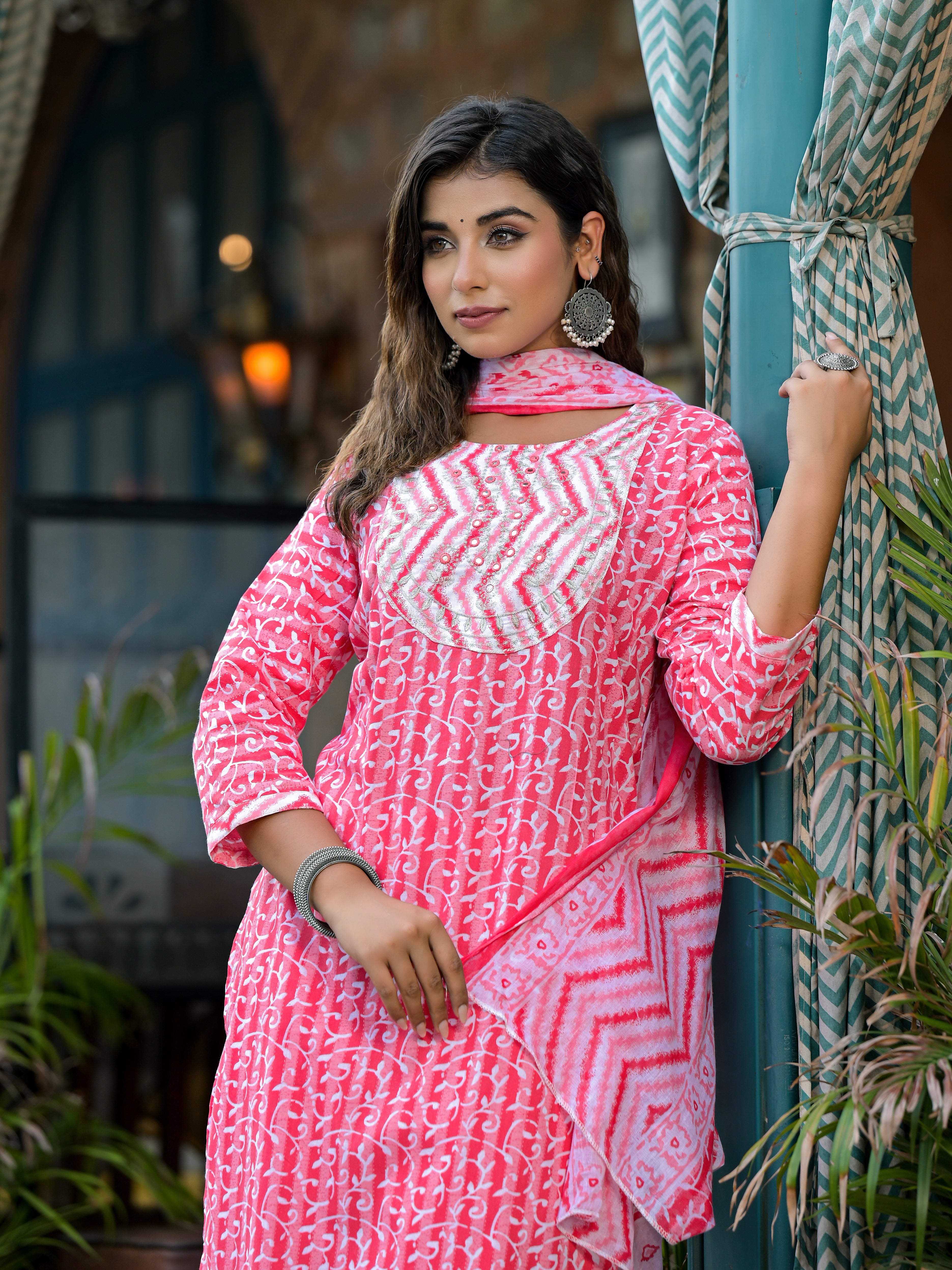 Juniper Pink Ethnic Motif Printed Cotton Kurta, Pant And Dupatta Set With Mirror & Thread Work