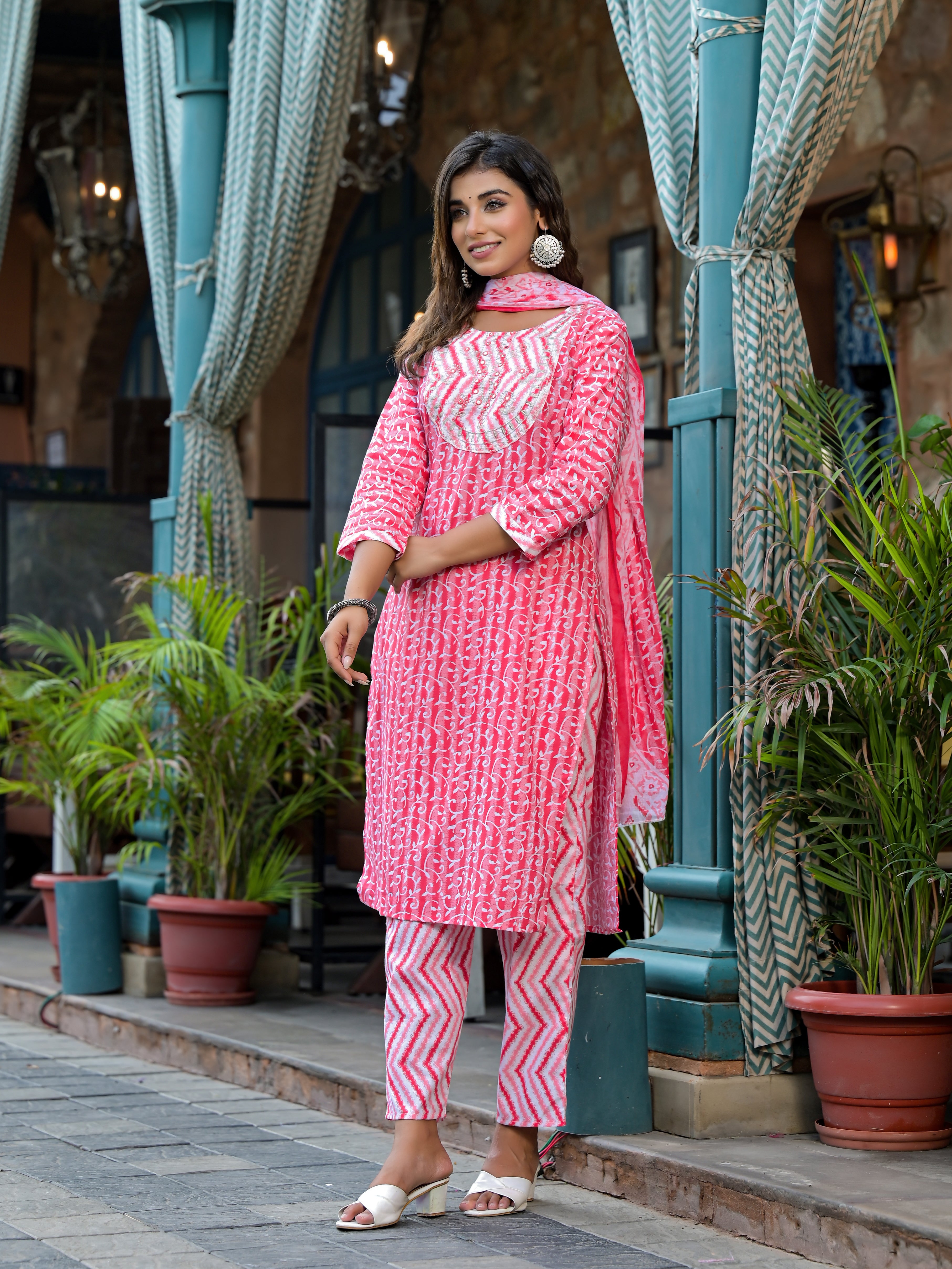 Juniper Pink Ethnic Motif Printed Cotton Kurta, Pant And Dupatta Set With Mirror & Thread Work