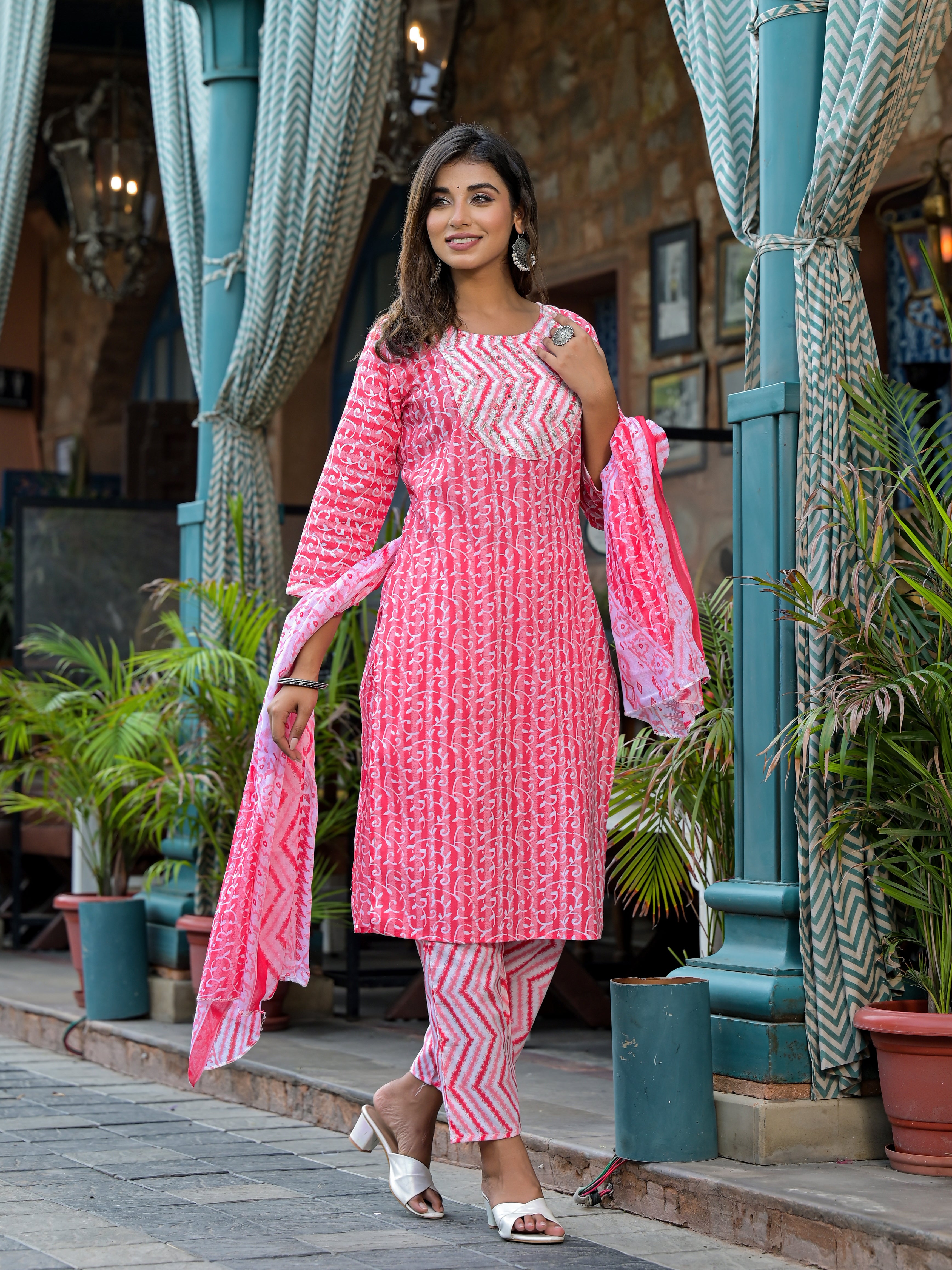 Juniper Pink Ethnic Motif Printed Cotton Kurta, Pant And Dupatta Set With Mirror & Thread Work