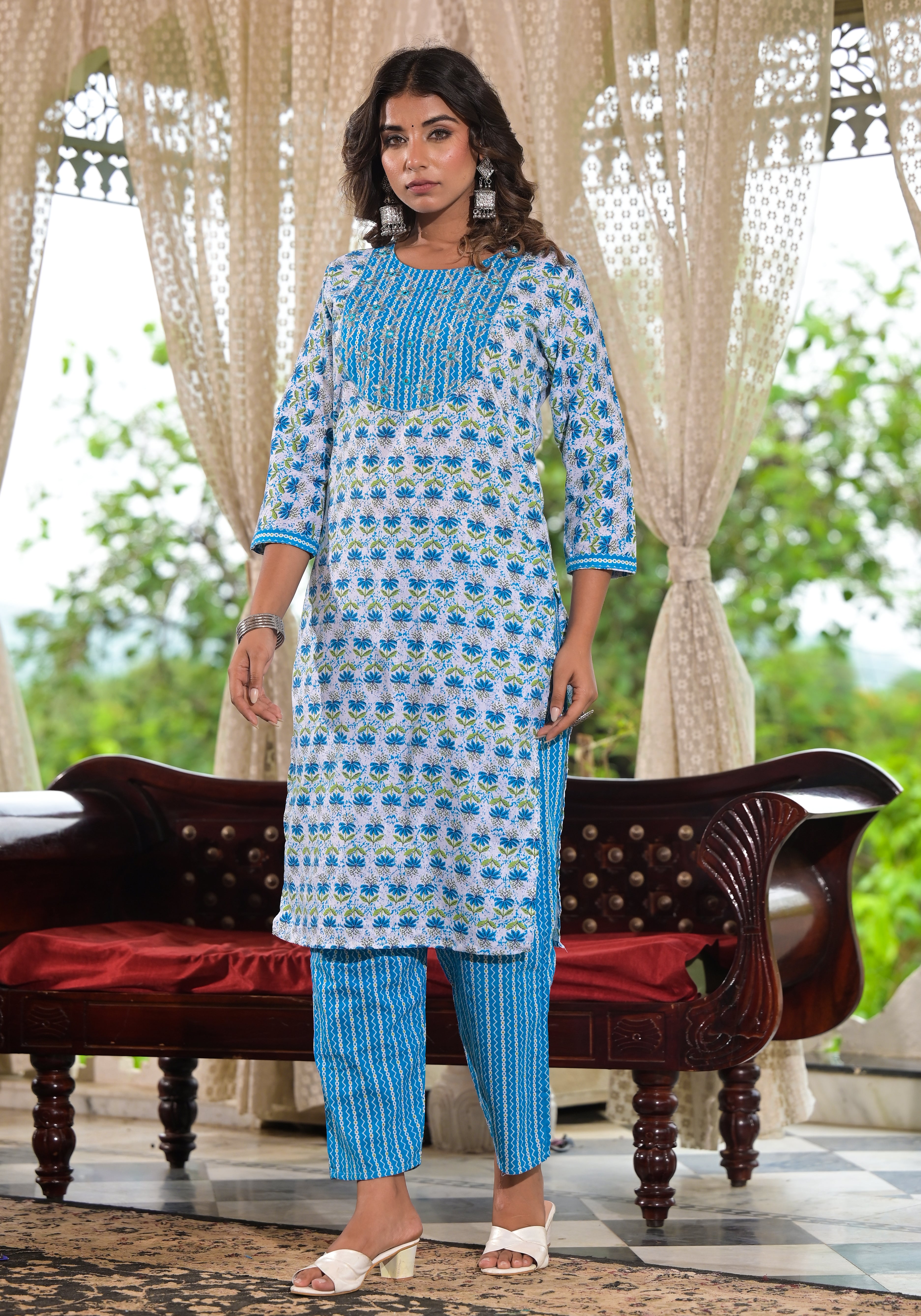 Juniper Sky Blue Ethnic Motif Printed Cotton Kurta, Pant And Dupatta Set With Zari & Mirror Work