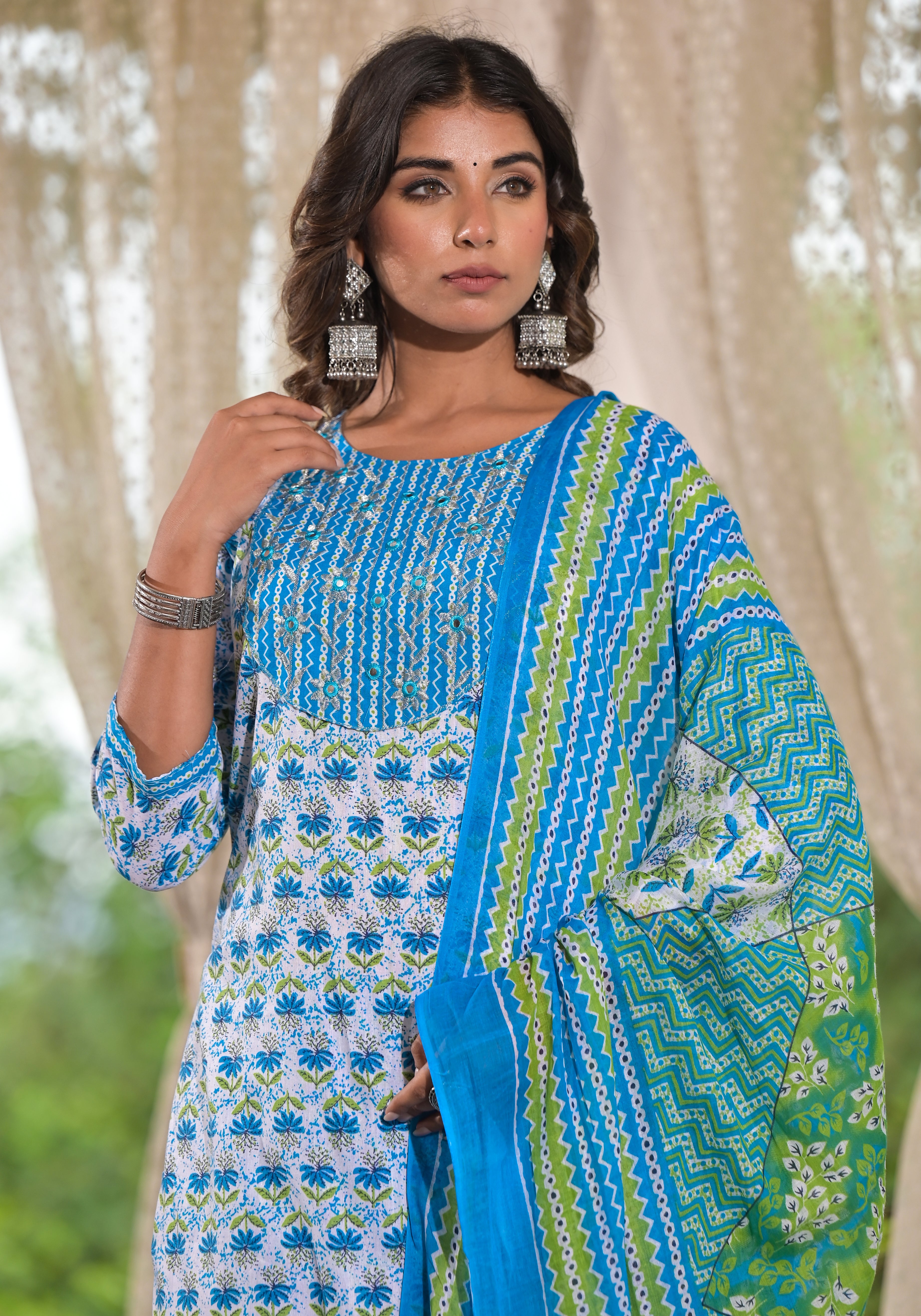 Juniper Sky Blue Ethnic Motif Printed Cotton Kurta, Pant And Dupatta Set With Zari & Mirror Work