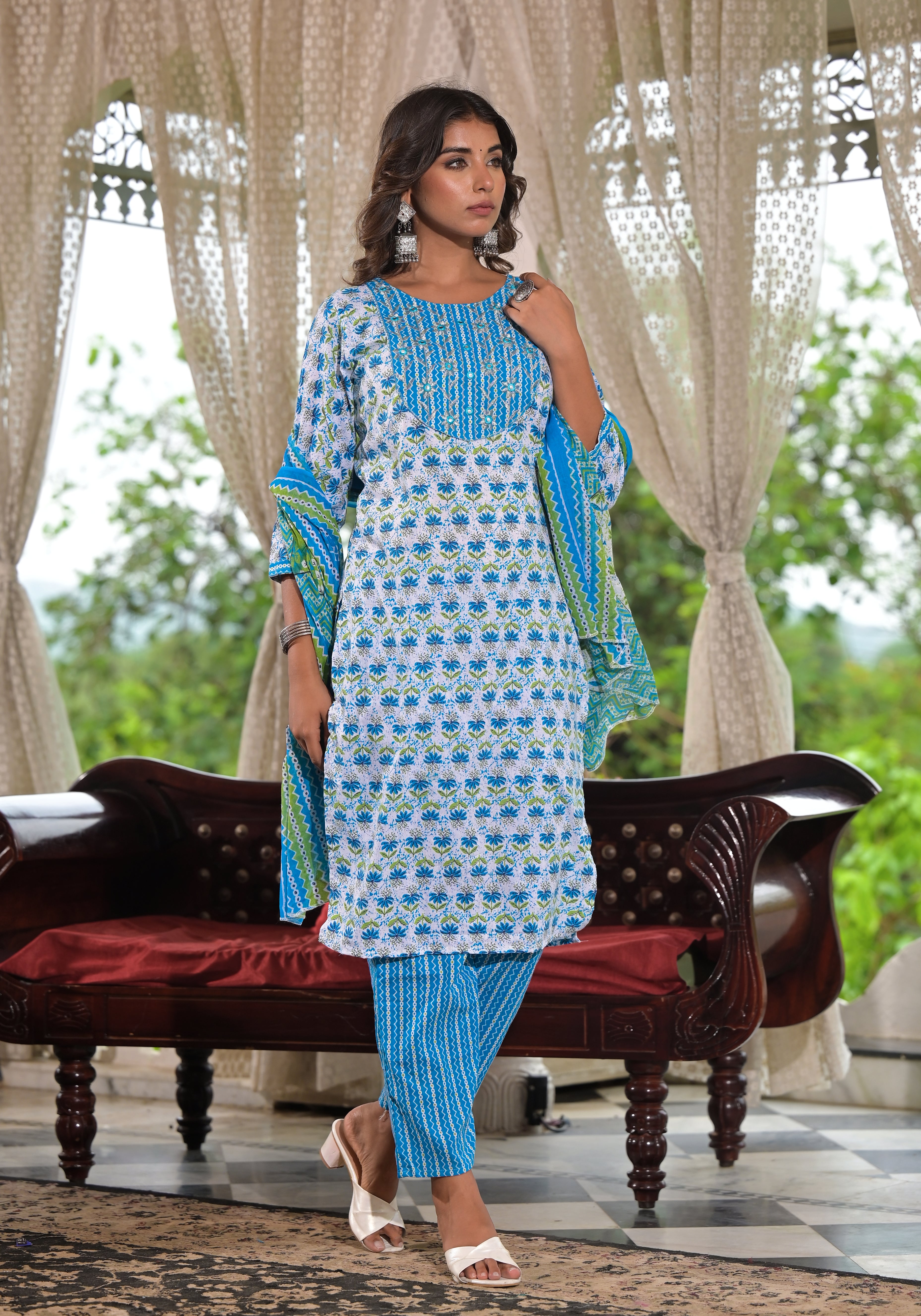 Juniper Sky Blue Ethnic Motif Printed Cotton Kurta, Pant And Dupatta Set With Zari & Mirror Work