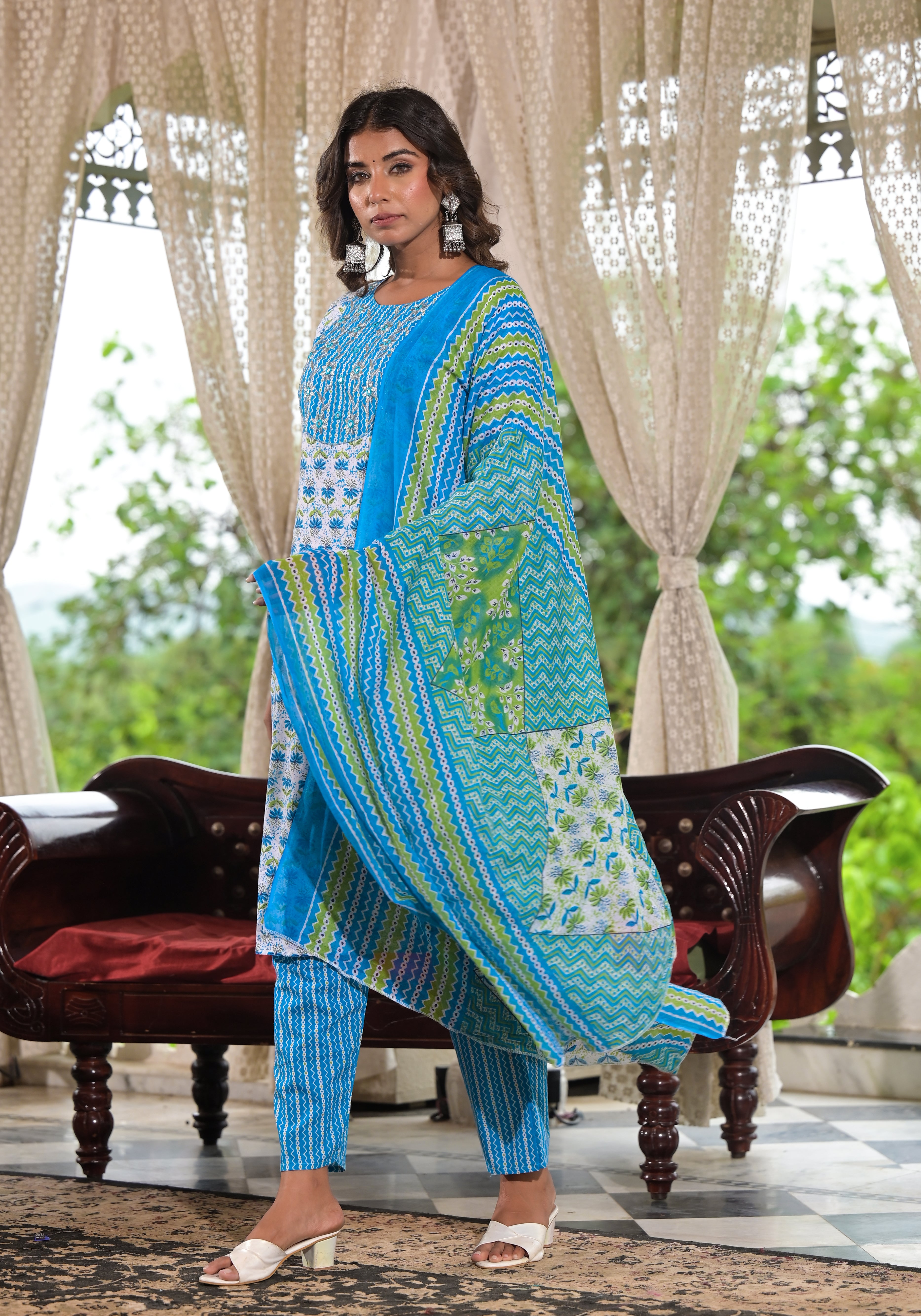 Juniper Sky Blue Ethnic Motif Printed Cotton Kurta, Pant And Dupatta Set With Zari & Mirror Work