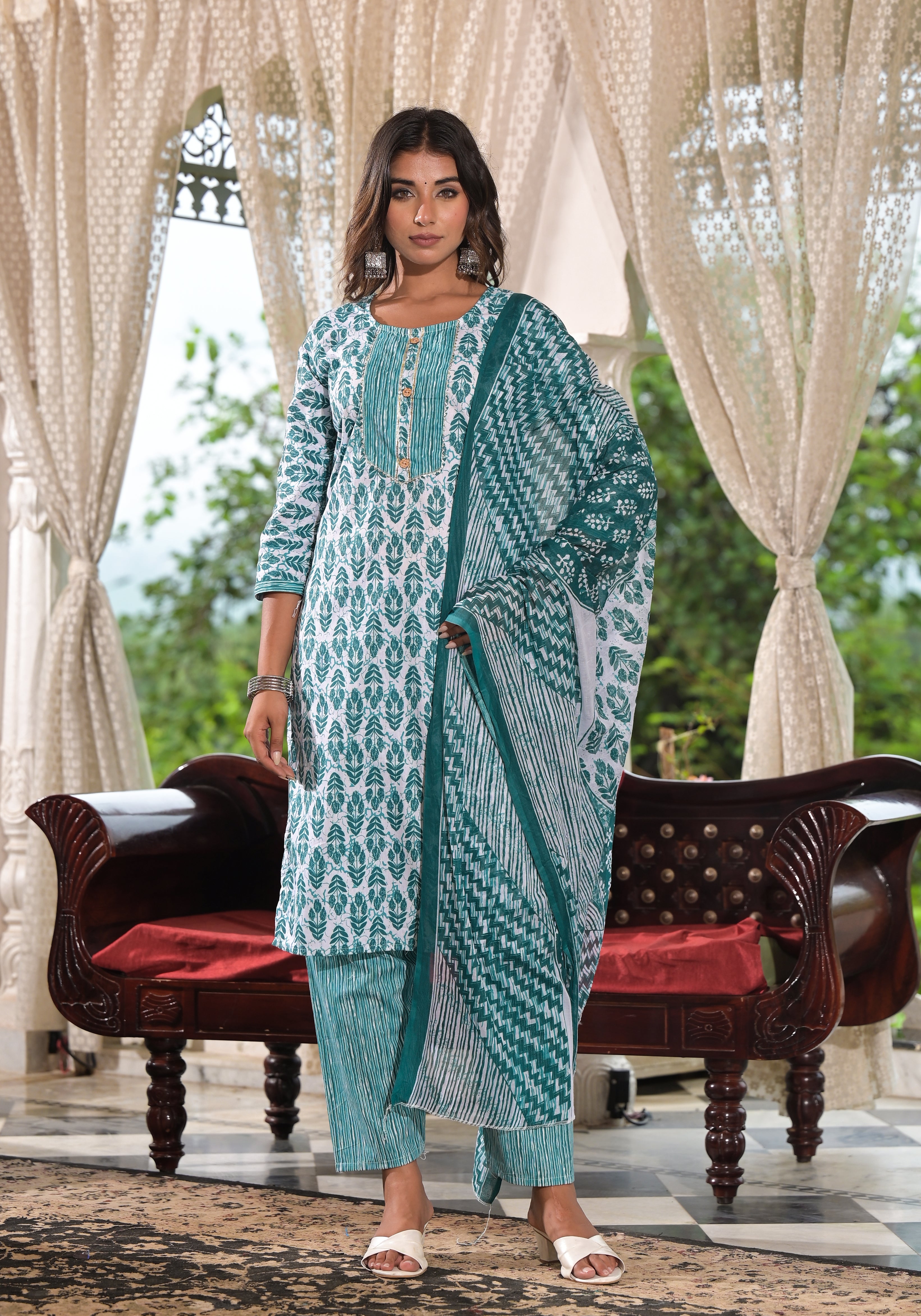 Juniper Sea Green Ethnic Motif Printed Cotton Kurta, Pant And Dupatta Set With Lace & Buttons