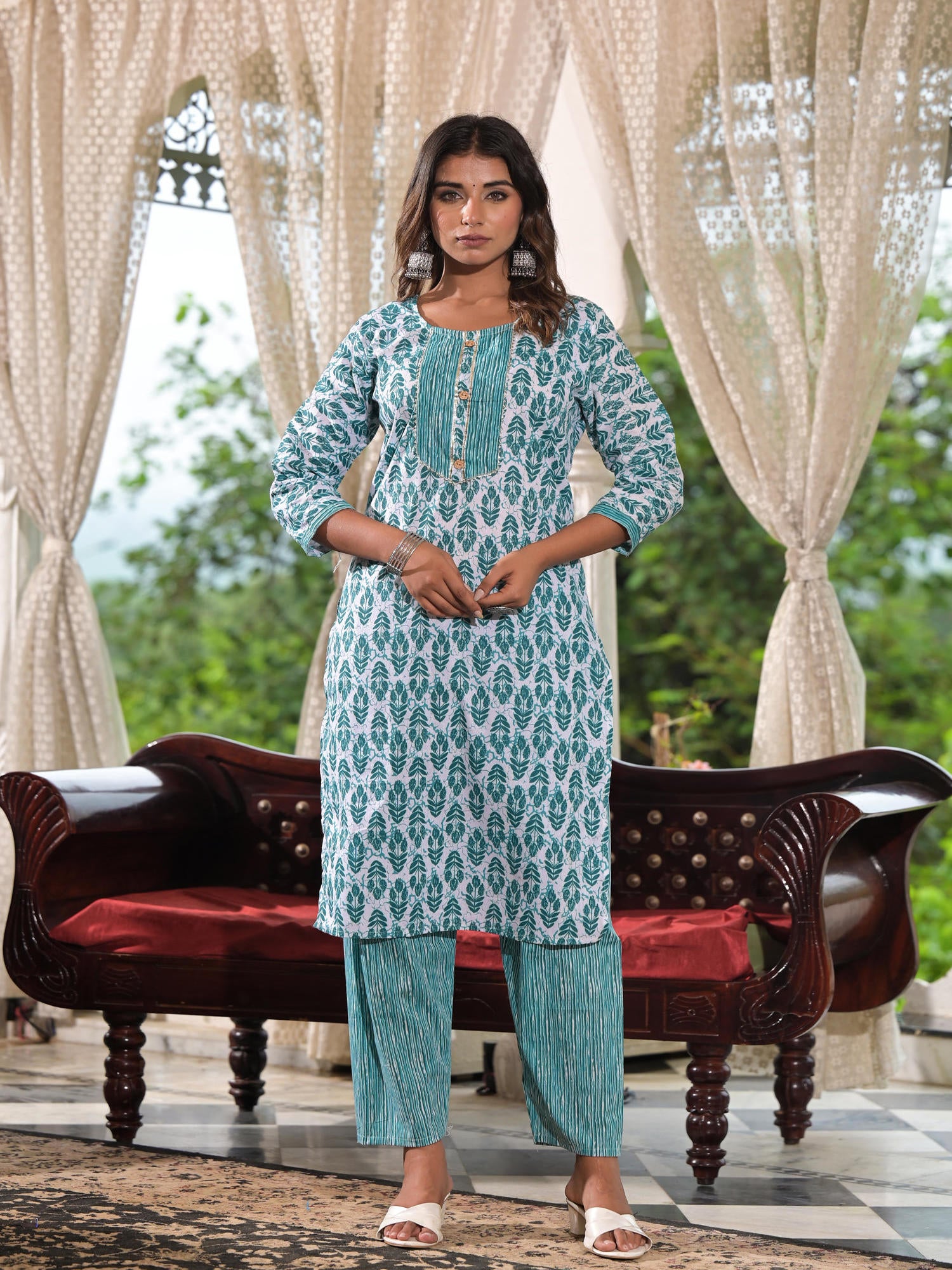 Juniper Sea Green Ethnic Motif Printed Cotton Kurta, Pant And Dupatta Set With Lace & Buttons