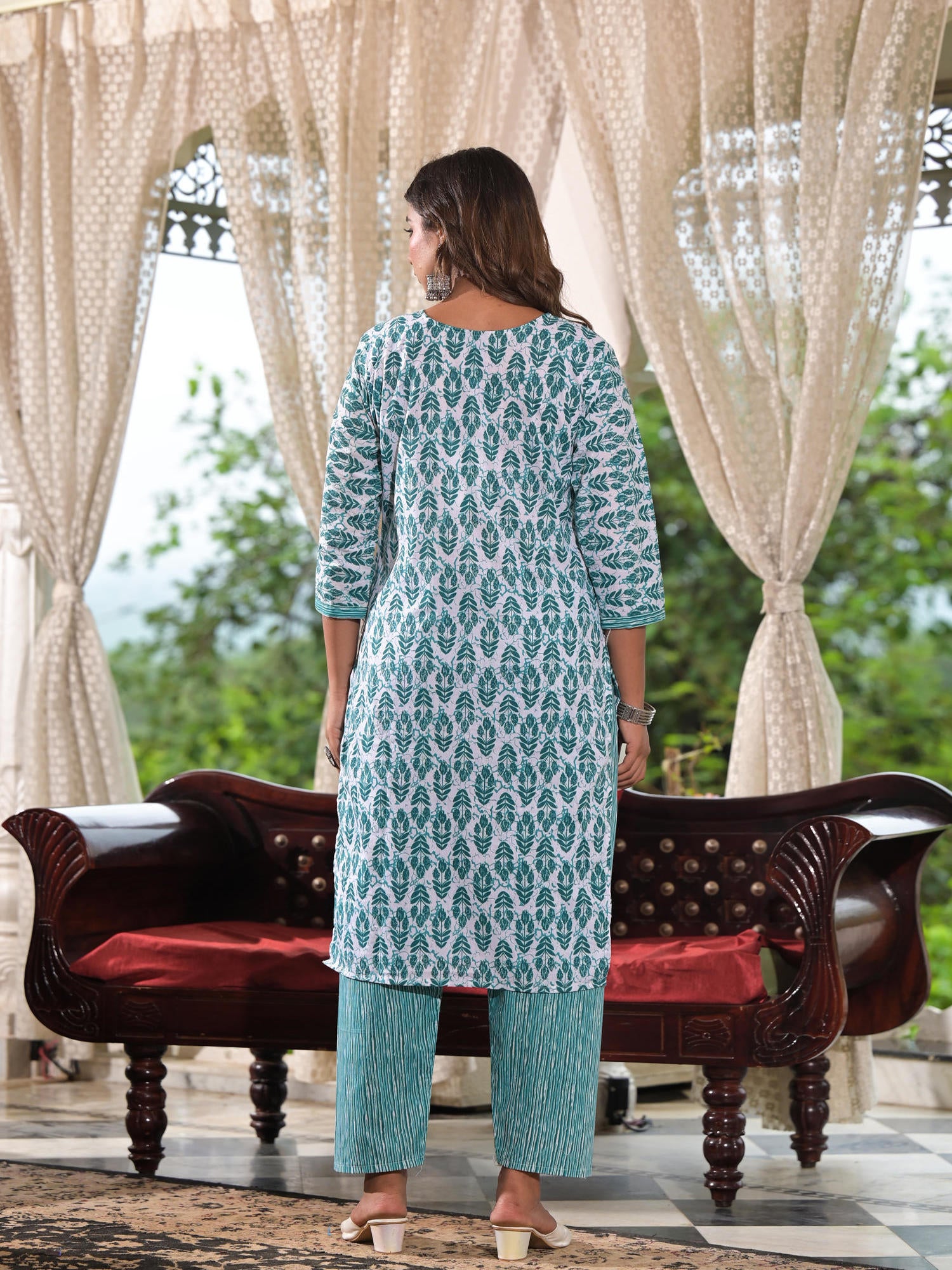 Juniper Sea Green Ethnic Motif Printed Cotton Kurta, Pant And Dupatta Set With Lace & Buttons