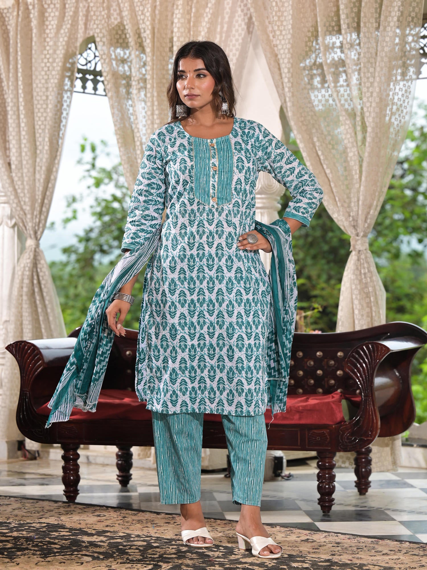 Juniper Sea Green Ethnic Motif Printed Cotton Kurta, Pant And Dupatta Set With Lace & Buttons