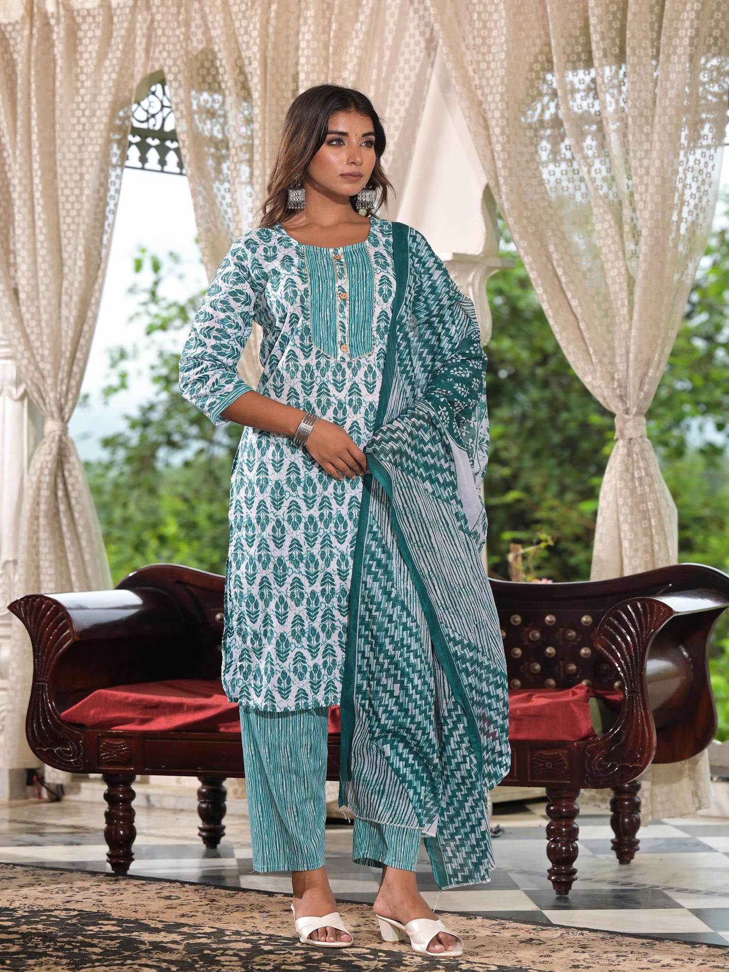 Juniper Sea Green Ethnic Motif Printed Cotton Kurta, Pant And Dupatta Set With Lace & Buttons