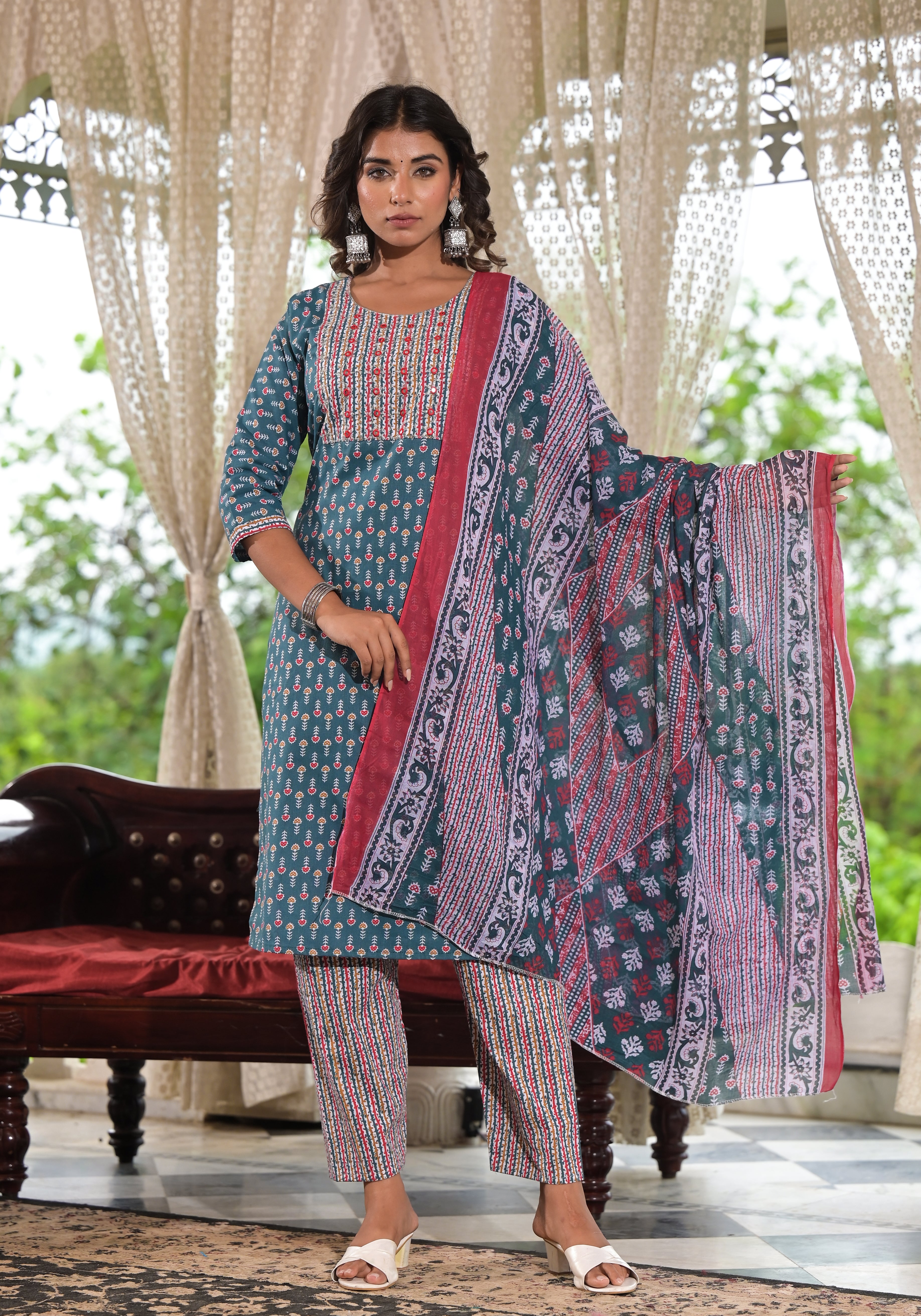 Juniper Teal Blue Ethnic Motif Printed Cotton Kurta, Pant And Dupatta Set With Zari & Thread Work