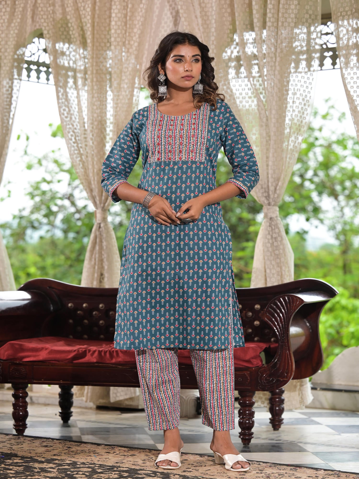 Juniper Teal Blue Ethnic Motif Printed Cotton Kurta, Pant And Dupatta Set With Zari & Thread Work