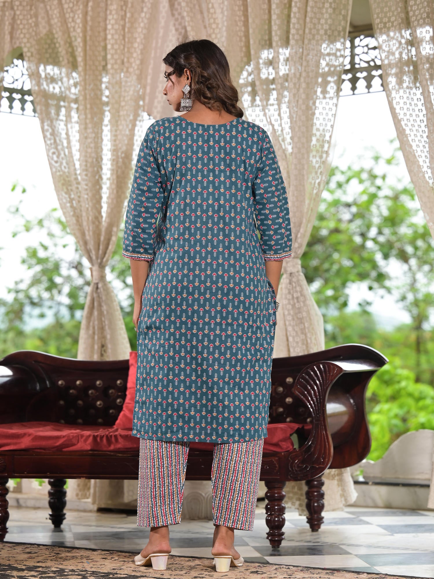 Juniper Teal Blue Ethnic Motif Printed Cotton Kurta, Pant And Dupatta Set With Zari & Thread Work