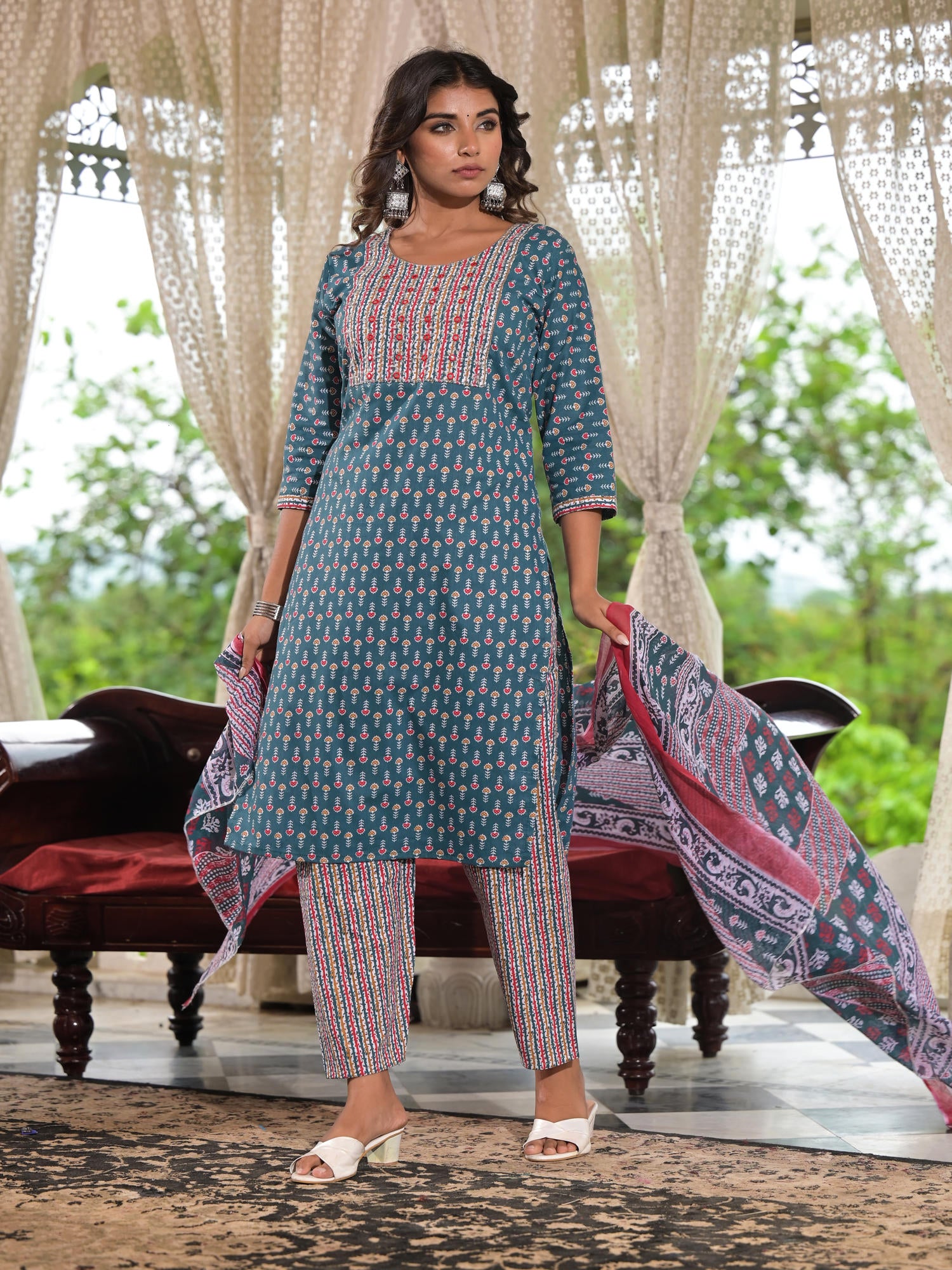 Juniper Teal Blue Ethnic Motif Printed Cotton Kurta, Pant And Dupatta Set With Zari & Thread Work